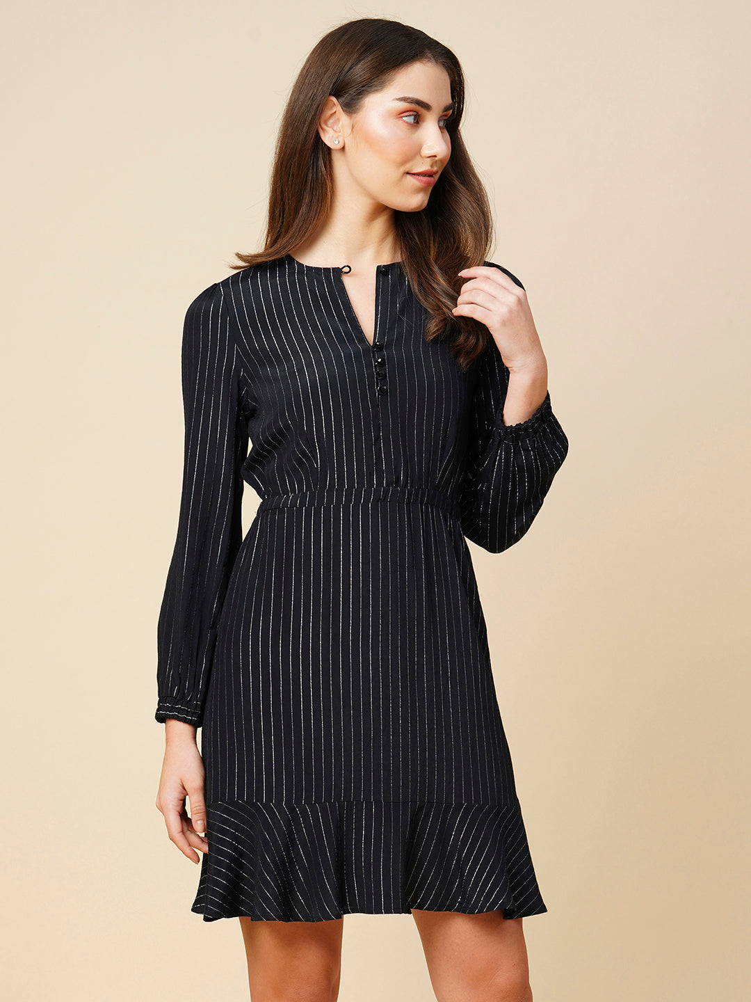 Viscose Crepe Striped Lurex Fit & Peplum Flare Dress