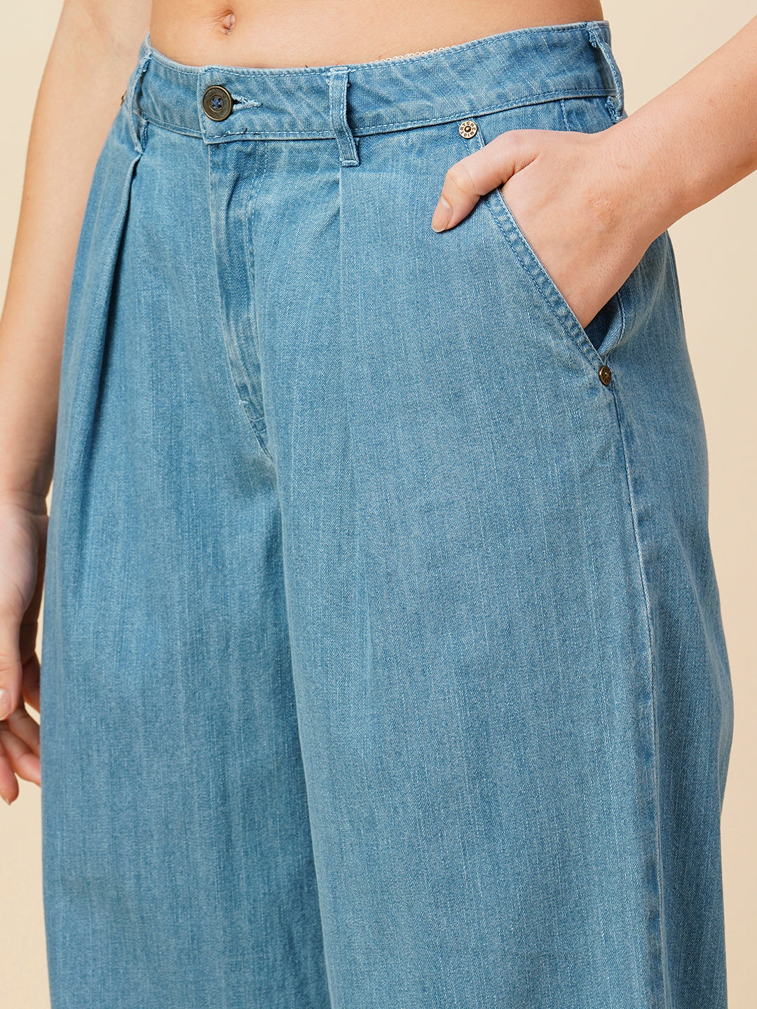 Light Wash Denim High Rise Pleated Wide Leg Jeans