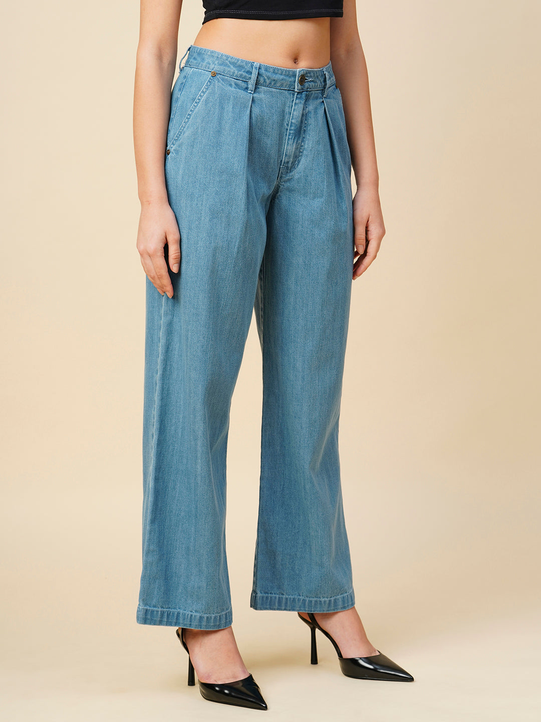Light Wash Denim High Rise Pleated Wide Leg Jeans