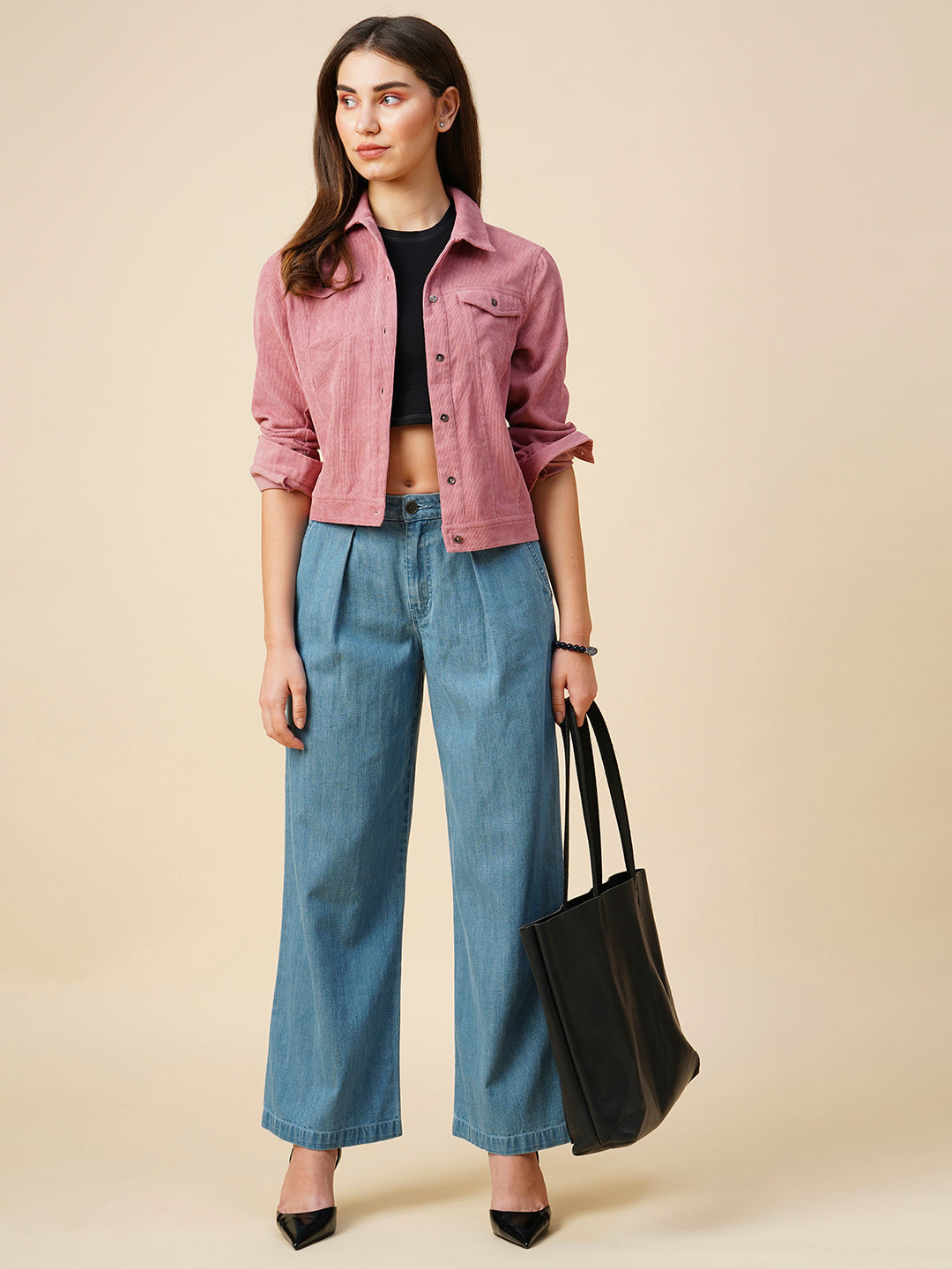 Light Wash Denim High Rise Pleated Wide Leg Jeans