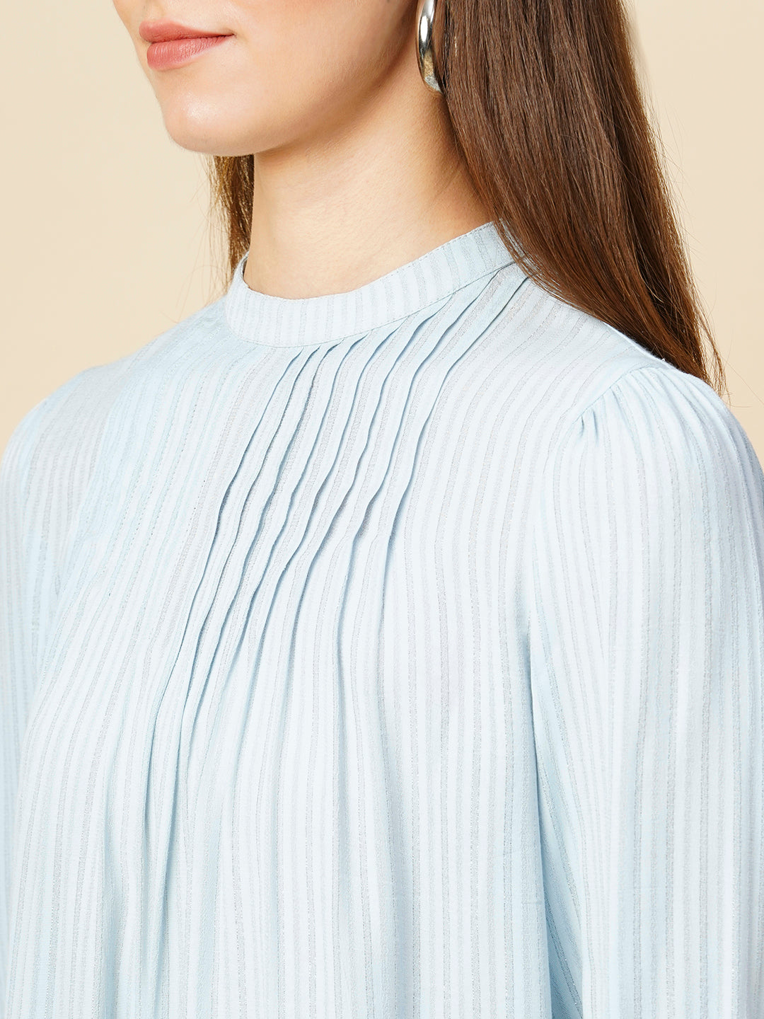 Viscose Crepe Striped Lurex Tucked Detail High Neck Swing Top