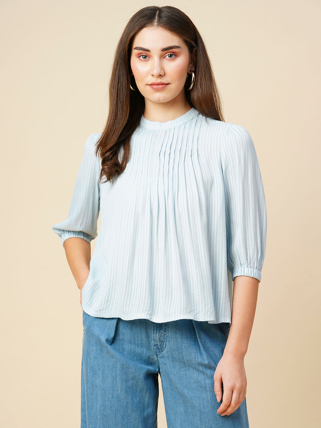 Viscose Crepe Striped Lurex Tucked Detail High Neck Swing Top