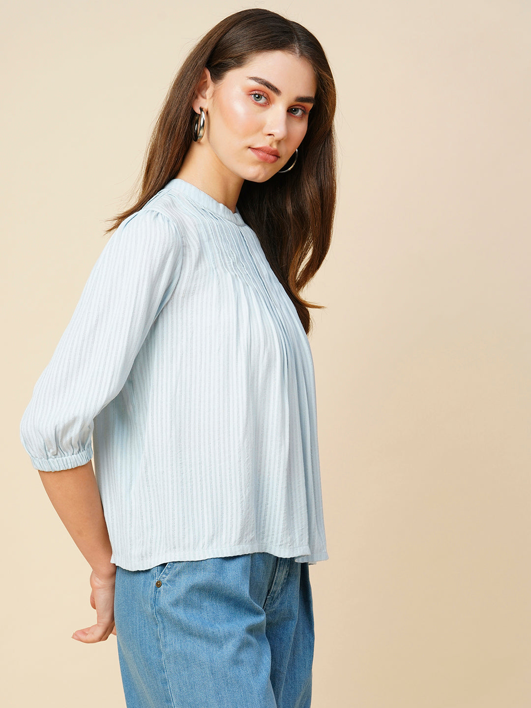 Viscose Crepe Striped Lurex Tucked Detail High Neck Swing Top