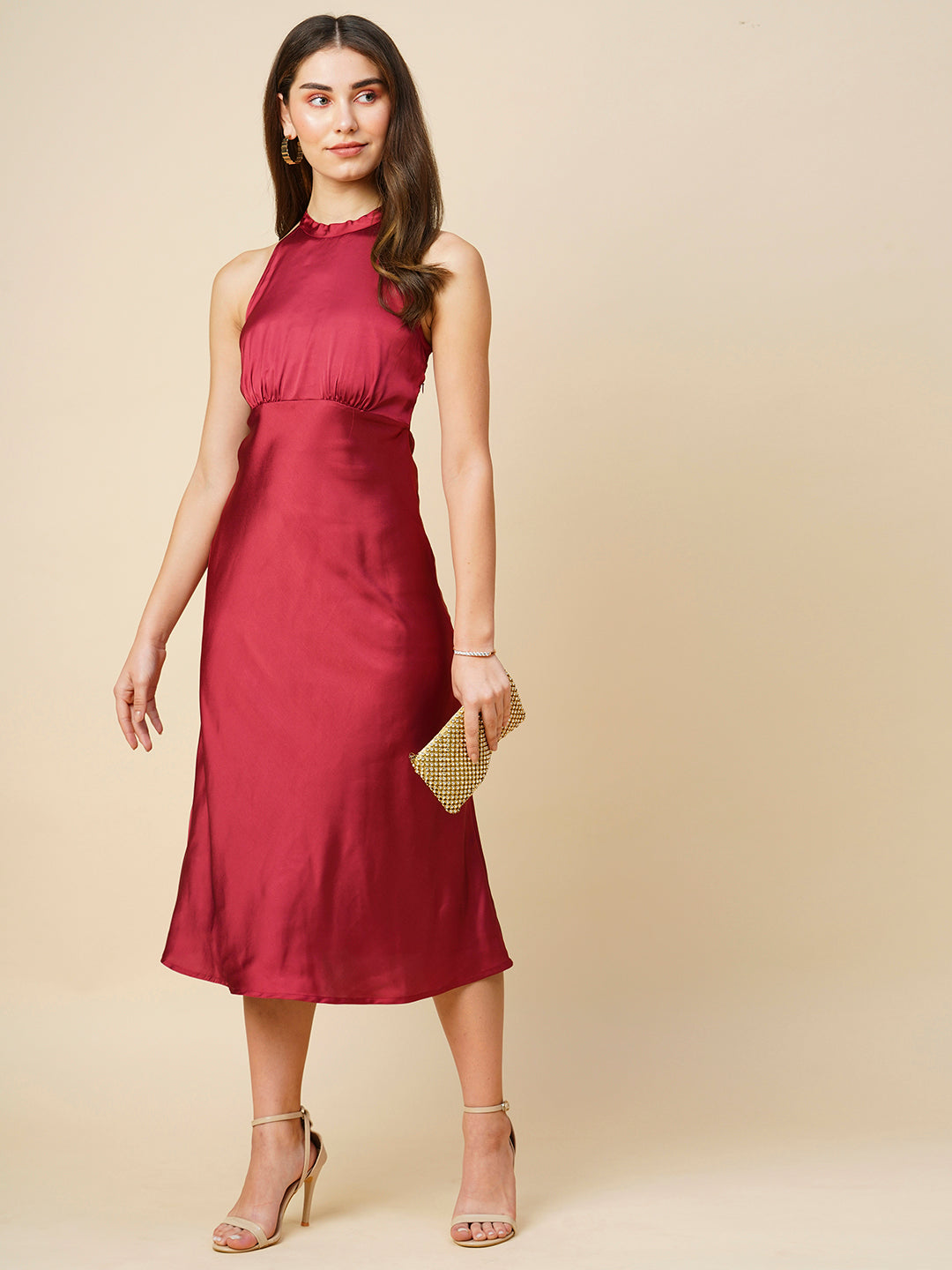 Rio Red Satin Incut Bais Cut Dress