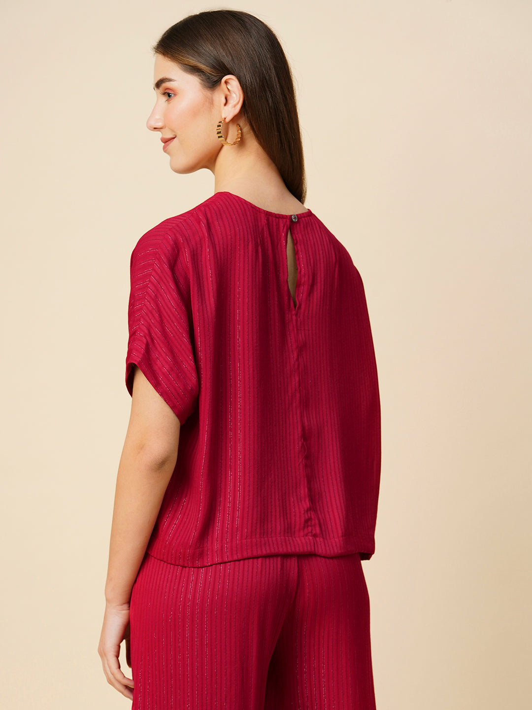 Viscose Crepe Striped Lurex Drop Shoulder Boxy Crop Top