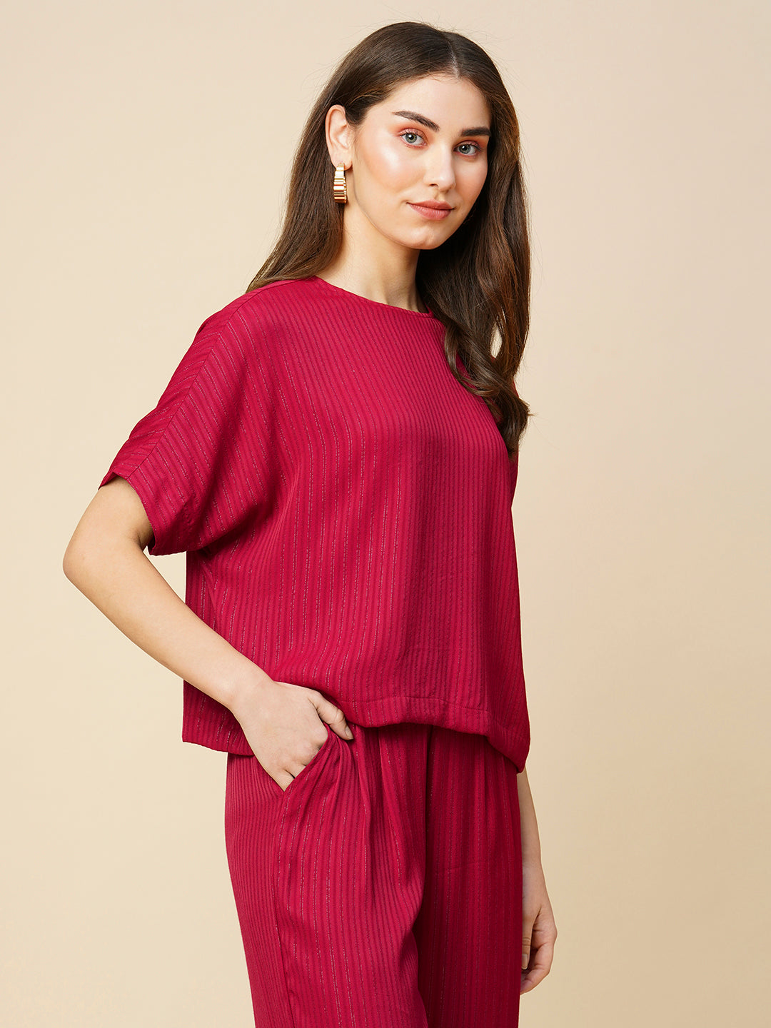 Viscose Crepe Striped Lurex Drop Shoulder Boxy Crop Top