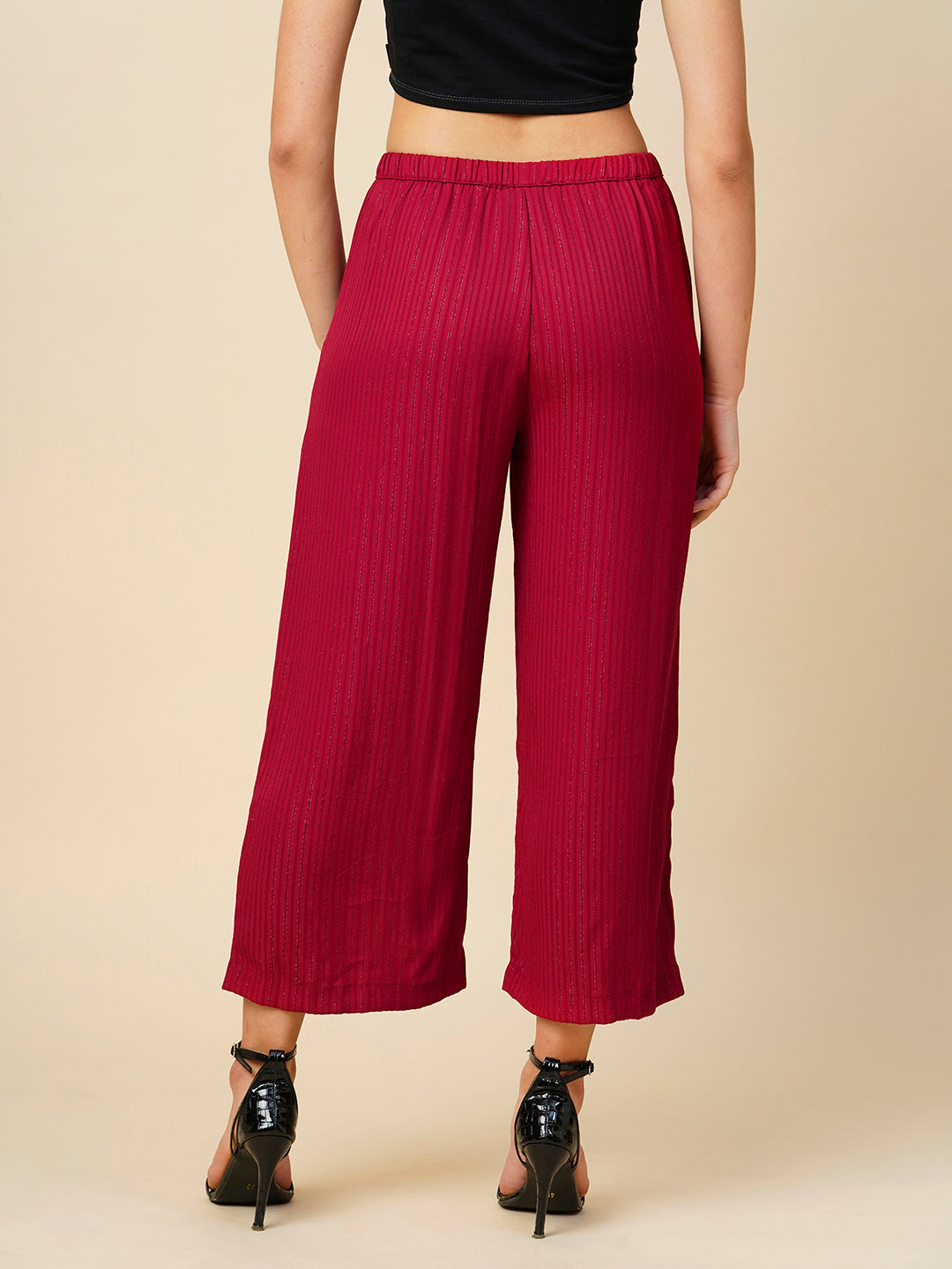 Viscose Crepe Striped Lurex Slip On Cropped Cullotes