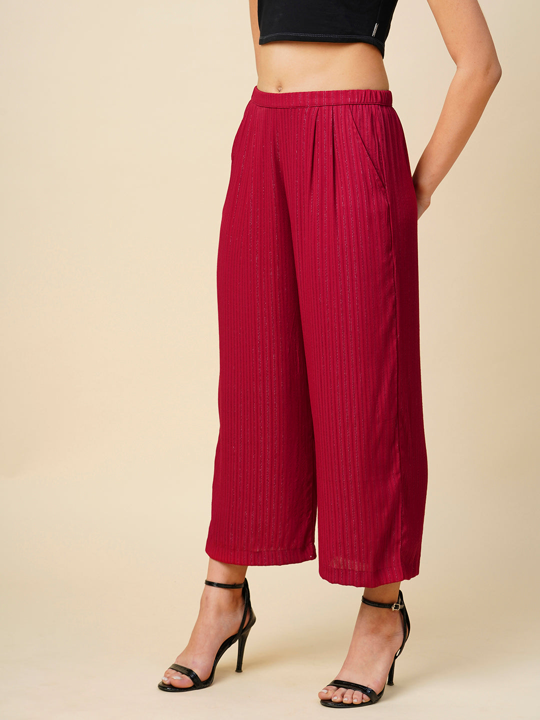 Viscose Crepe Striped Lurex Slip On Cropped Cullotes