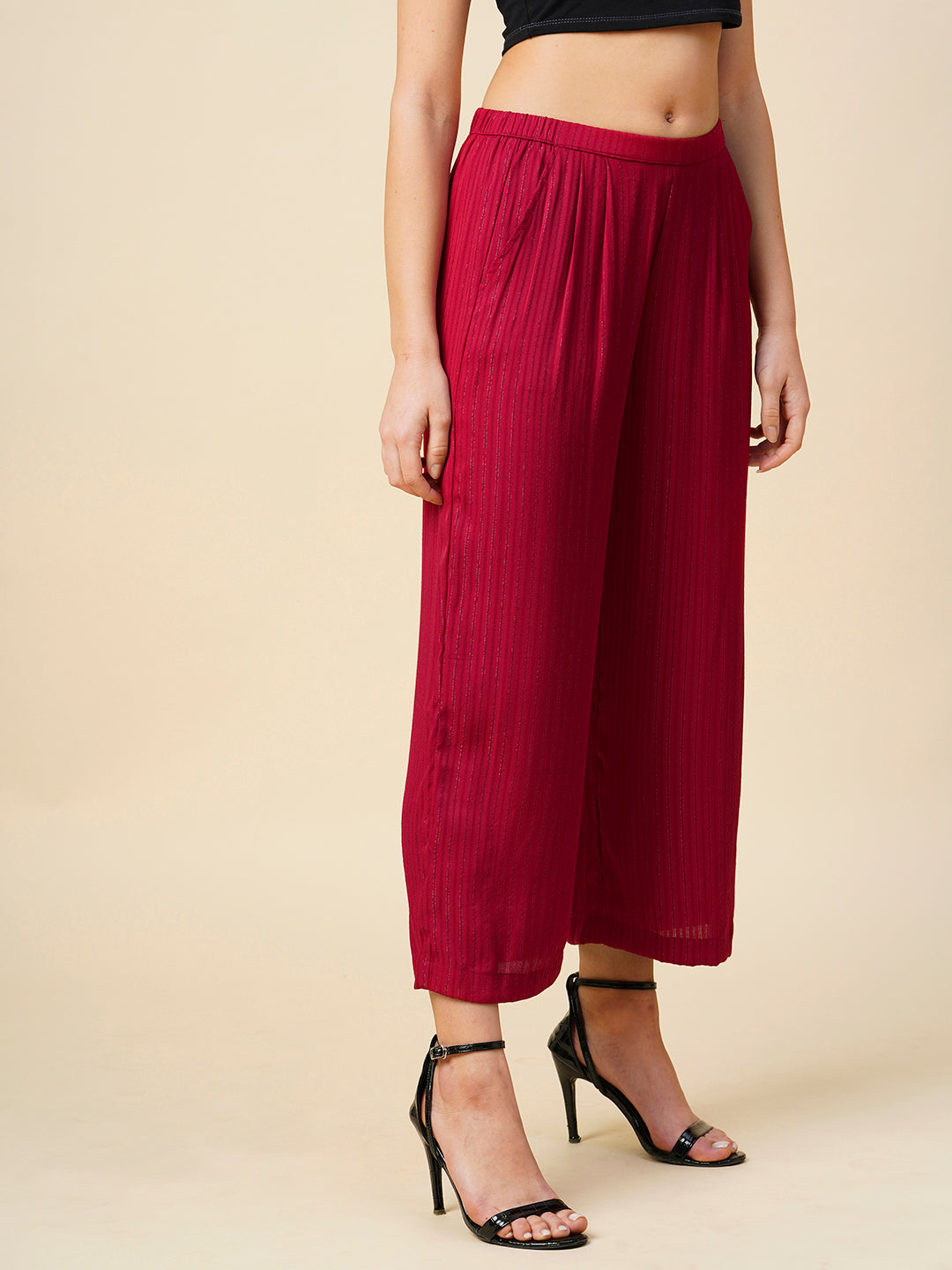 Viscose Crepe Striped Lurex Slip On Cropped Cullotes