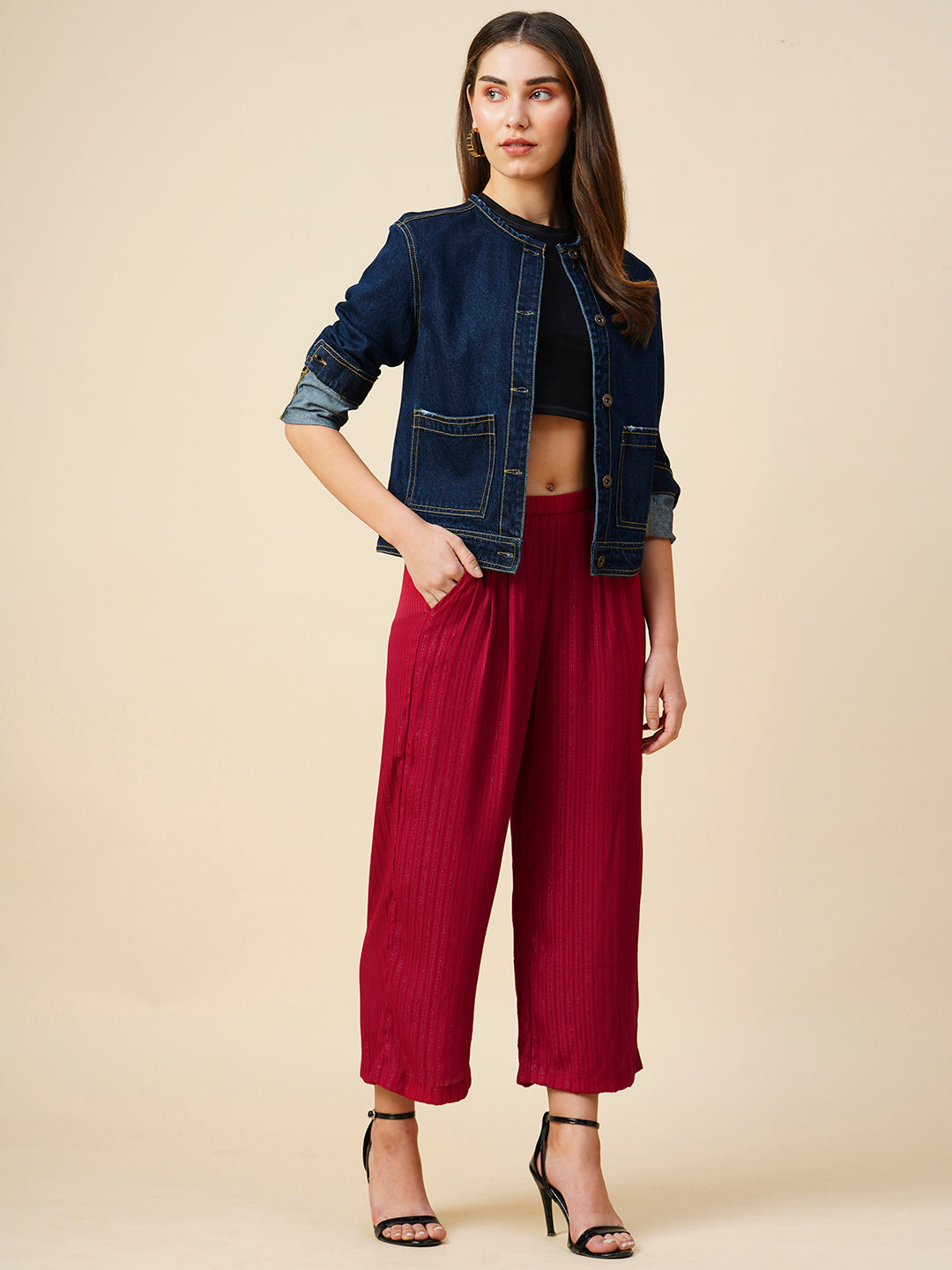 Viscose Crepe Striped Lurex Slip On Cropped Cullotes