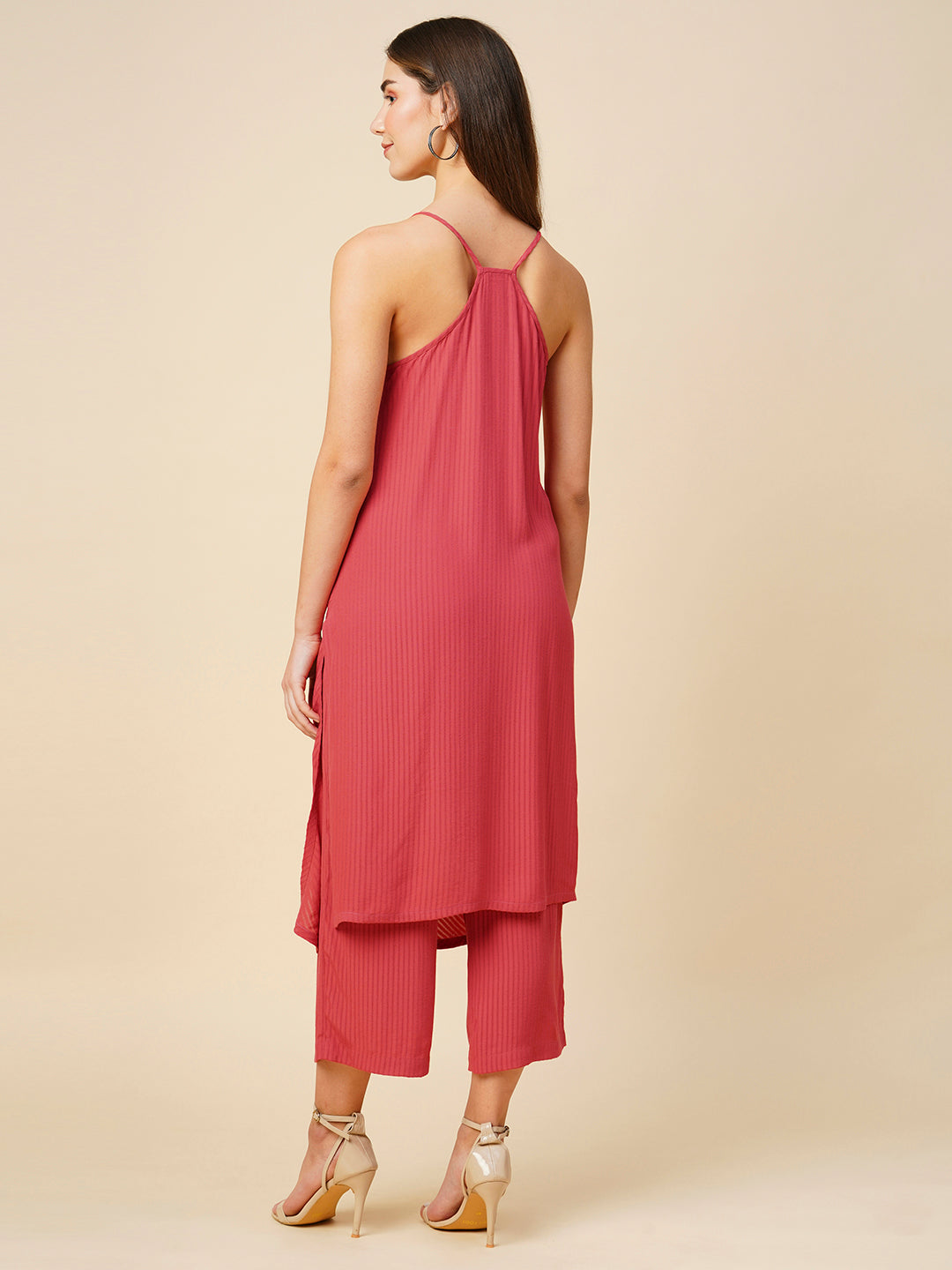 Viscose Crepe Dobby Cowl Neck Strappy Kurta & Cropped Pant Set