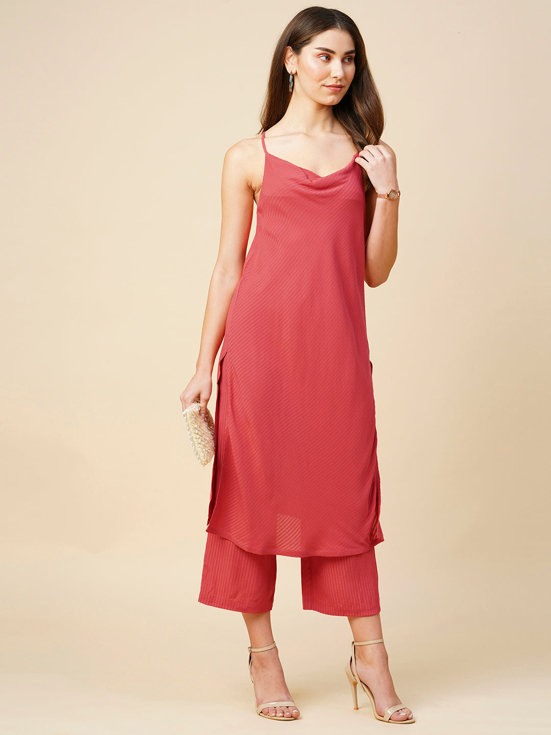Viscose Crepe Dobby Cowl Neck Strappy Kurta & Cropped Pant Set