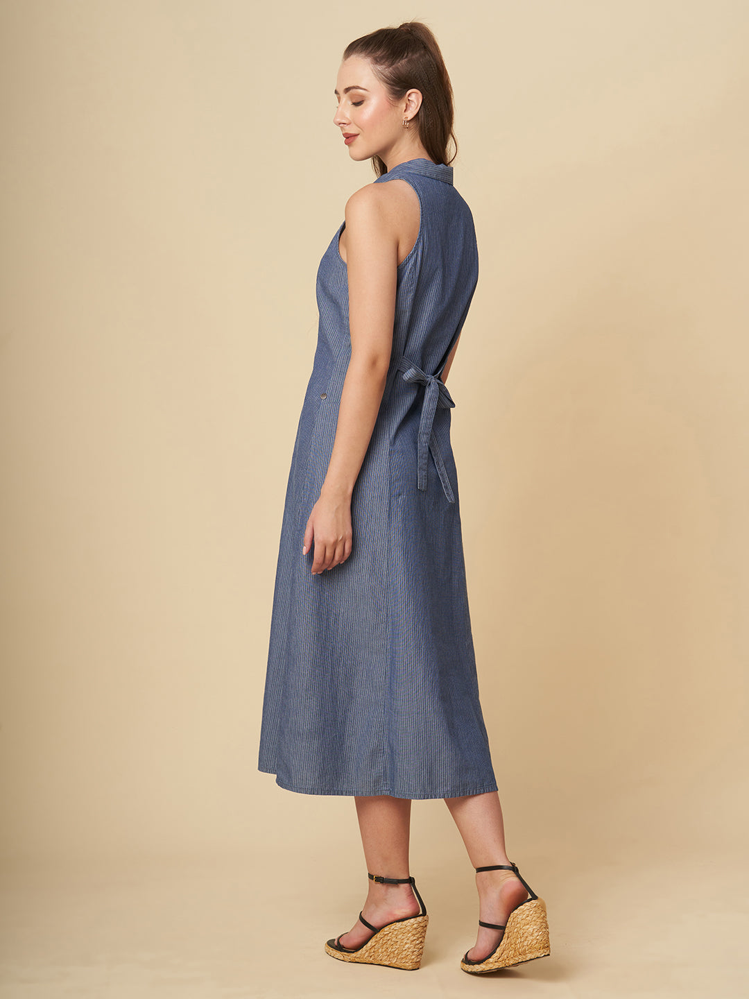 STRIPED DENIM FIT N FLARE SHIRT DRESS