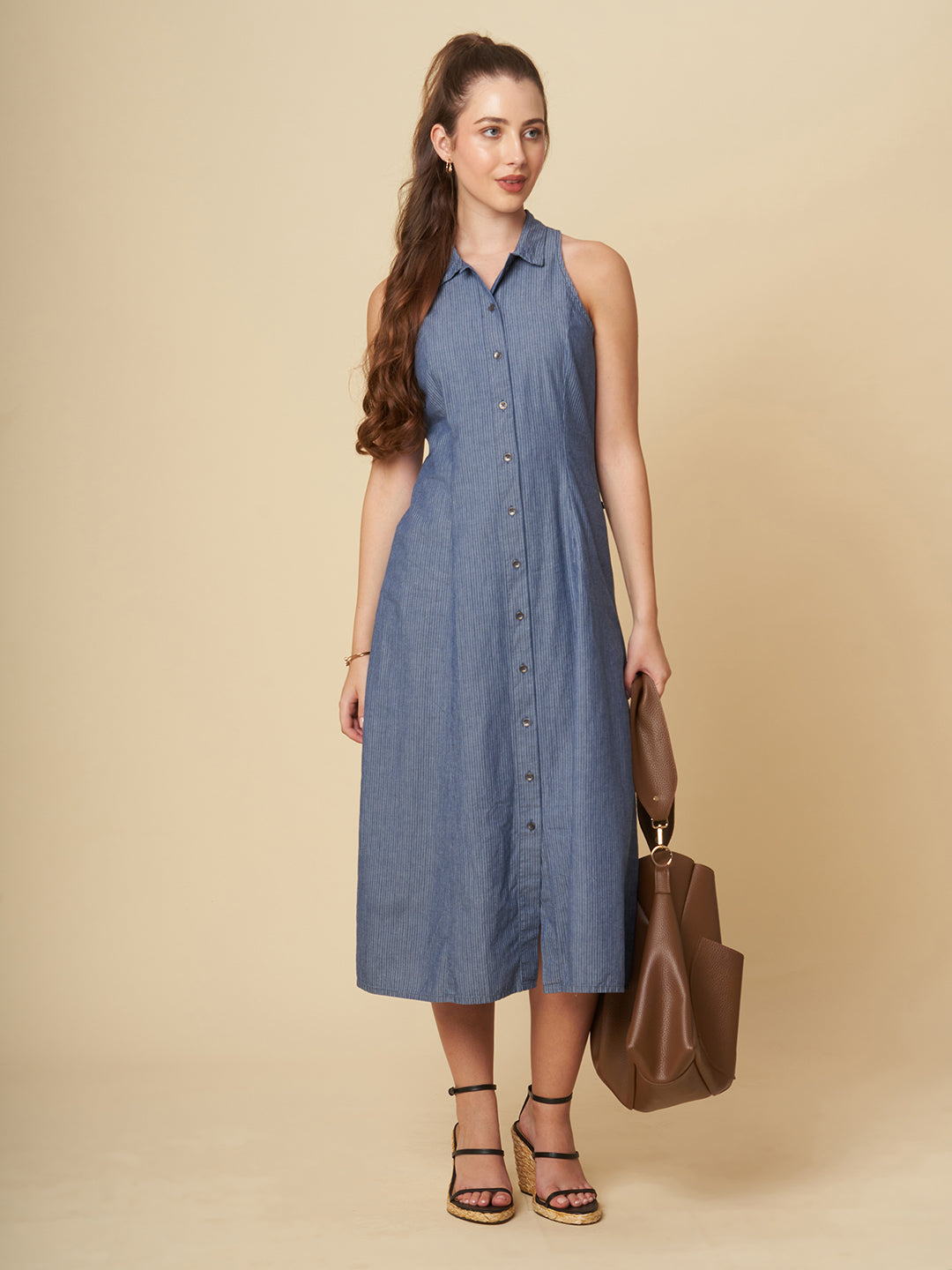 STRIPED DENIM FIT N FLARE SHIRT DRESS