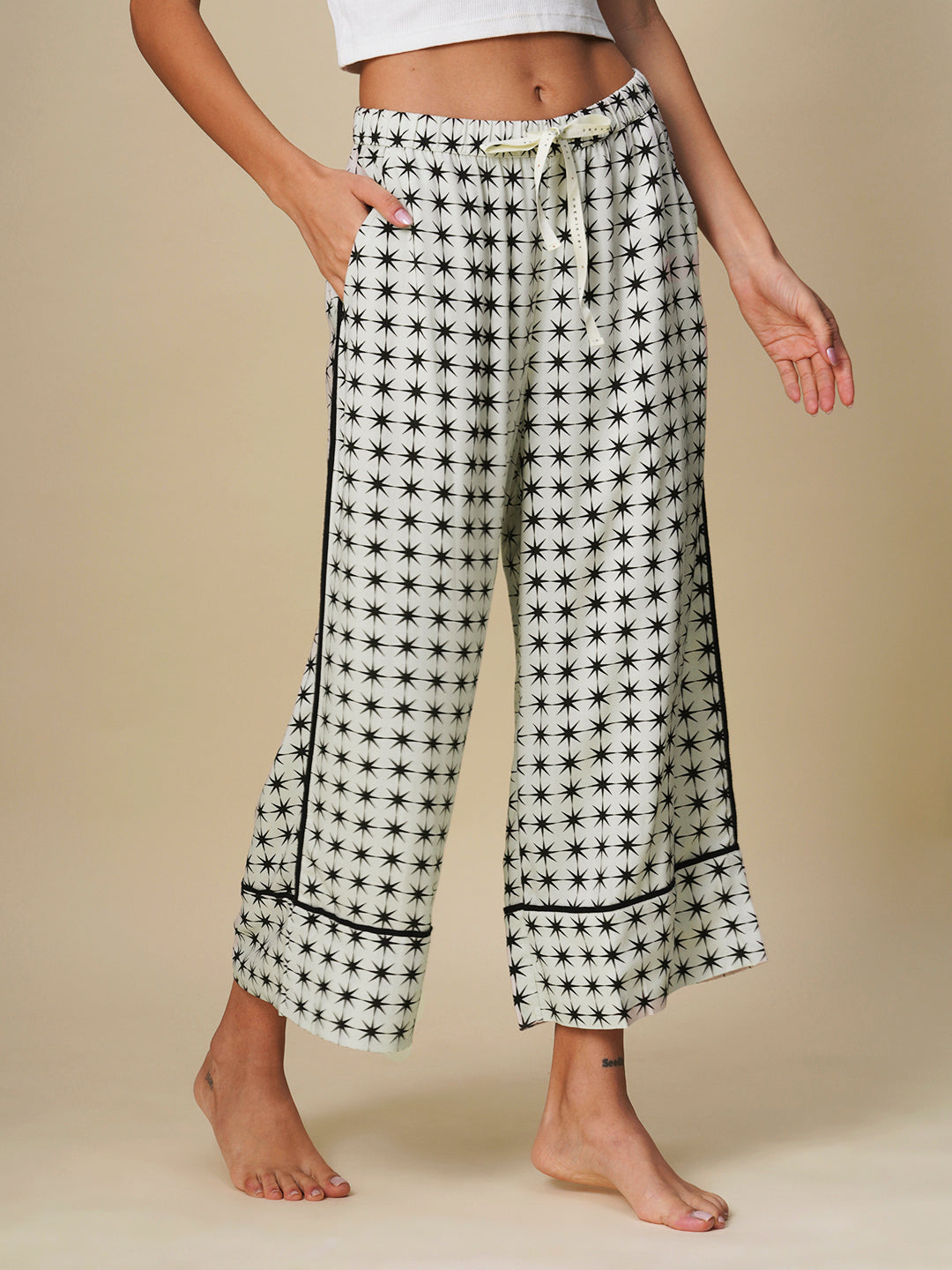 STARBURST PRINTED RAYON WIDE LEG CROPPED PJ'S