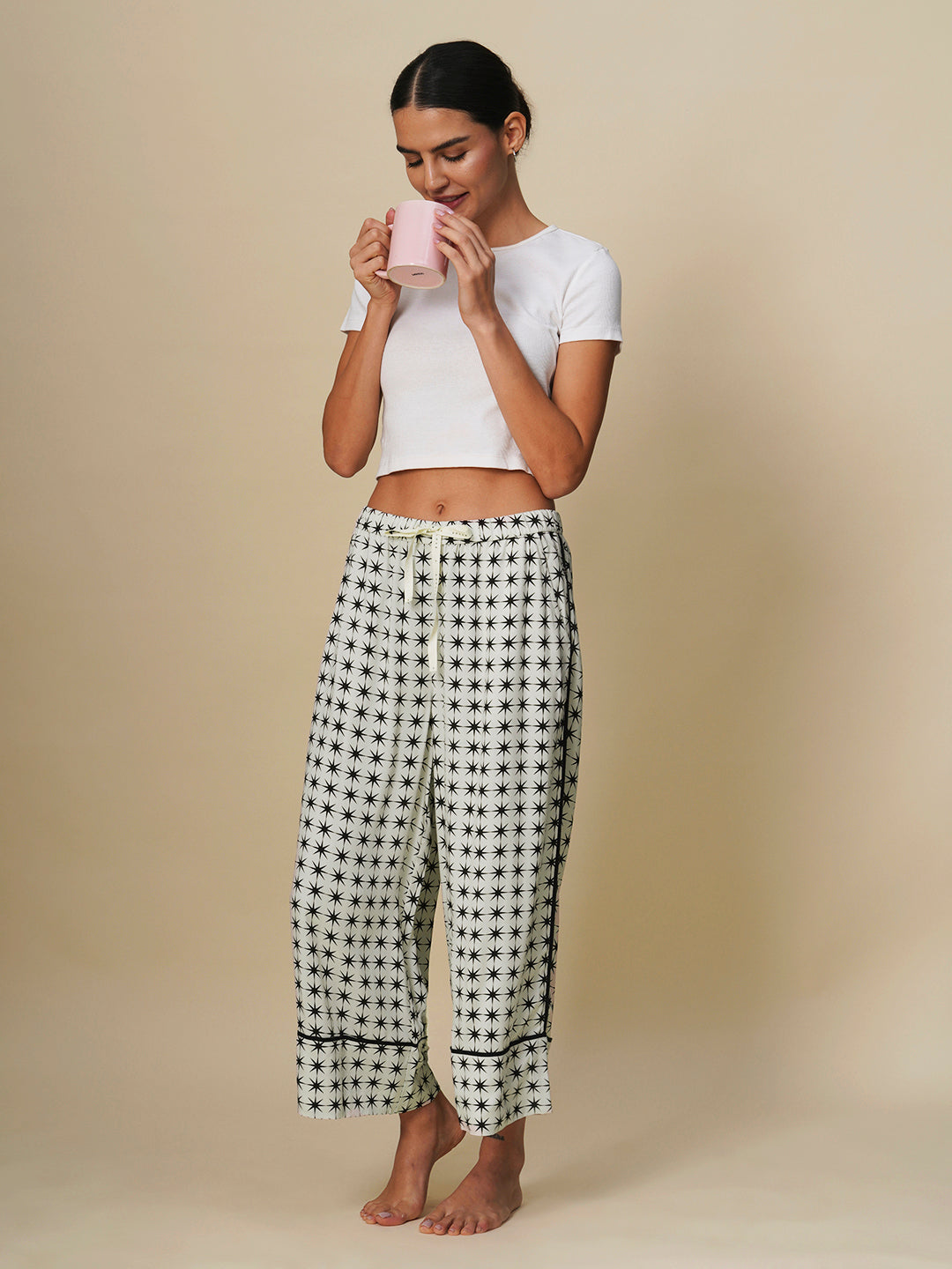 STARBURST PRINTED RAYON WIDE LEG CROPPED PJ'S