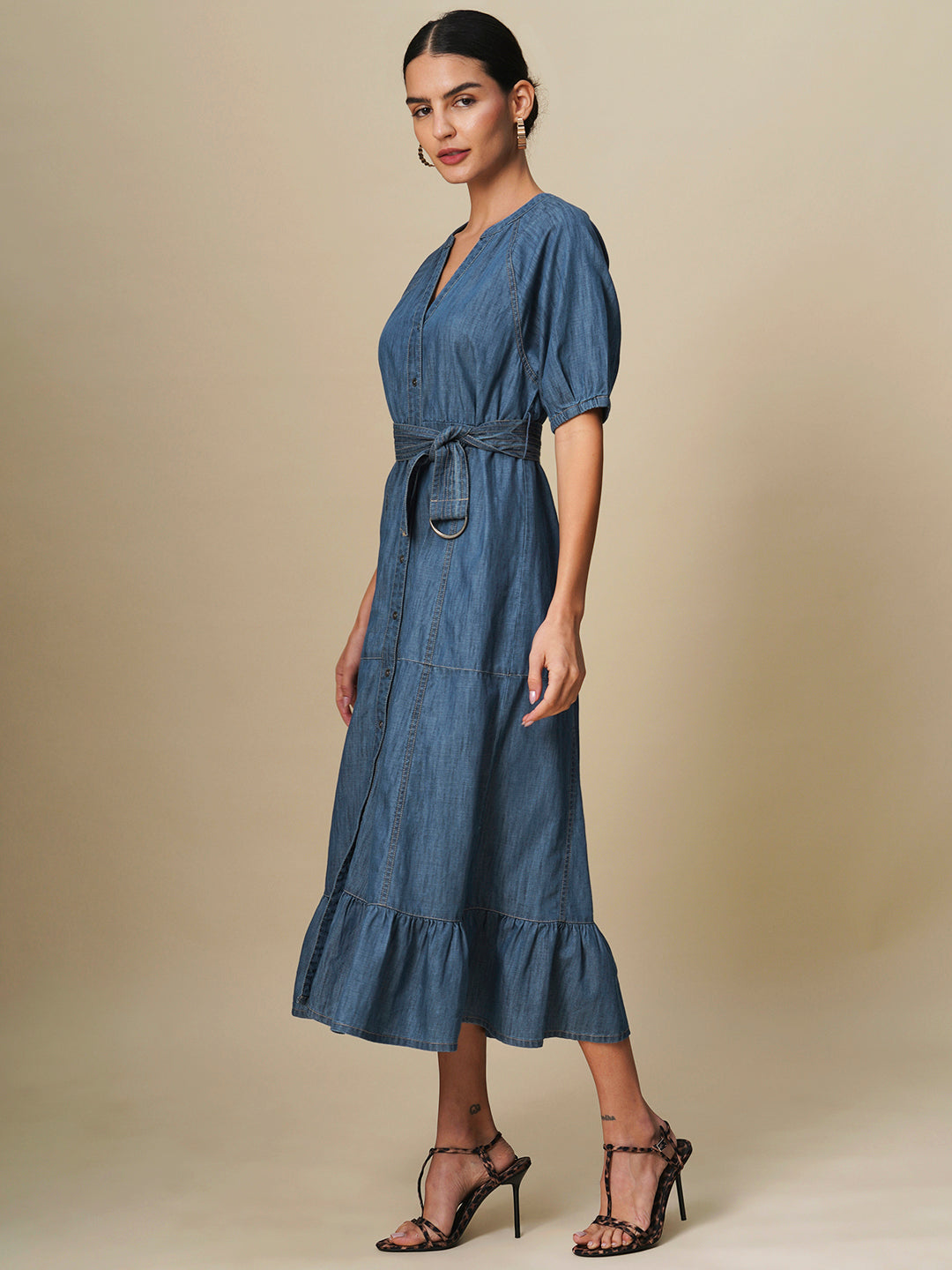 DENIM BELTED TIERED SHIRT DRESS