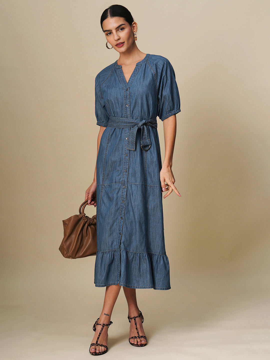 DENIM BELTED TIERED SHIRT DRESS