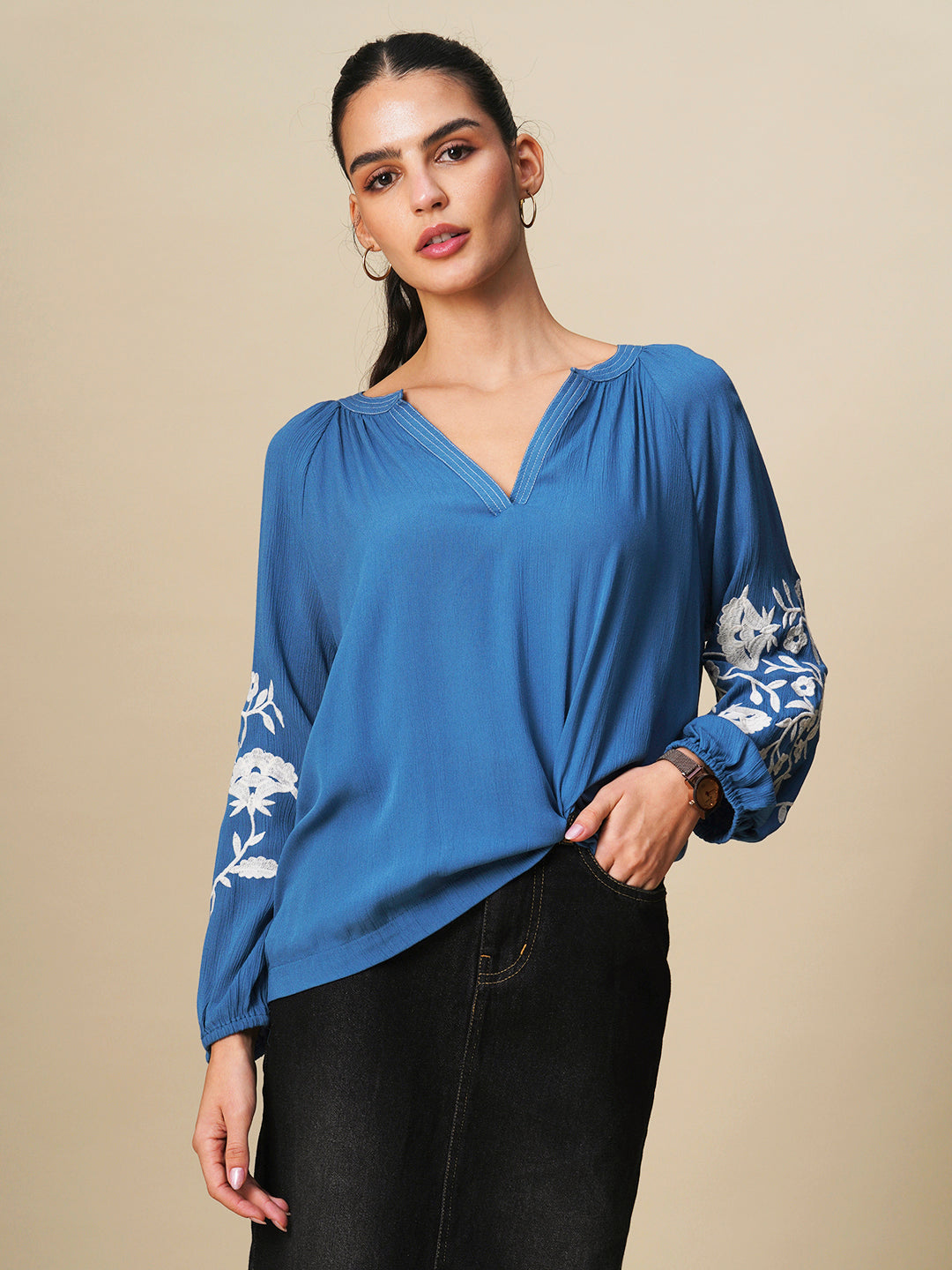 CRINKLE RAYON EMBROIDERED TUNIC TOP