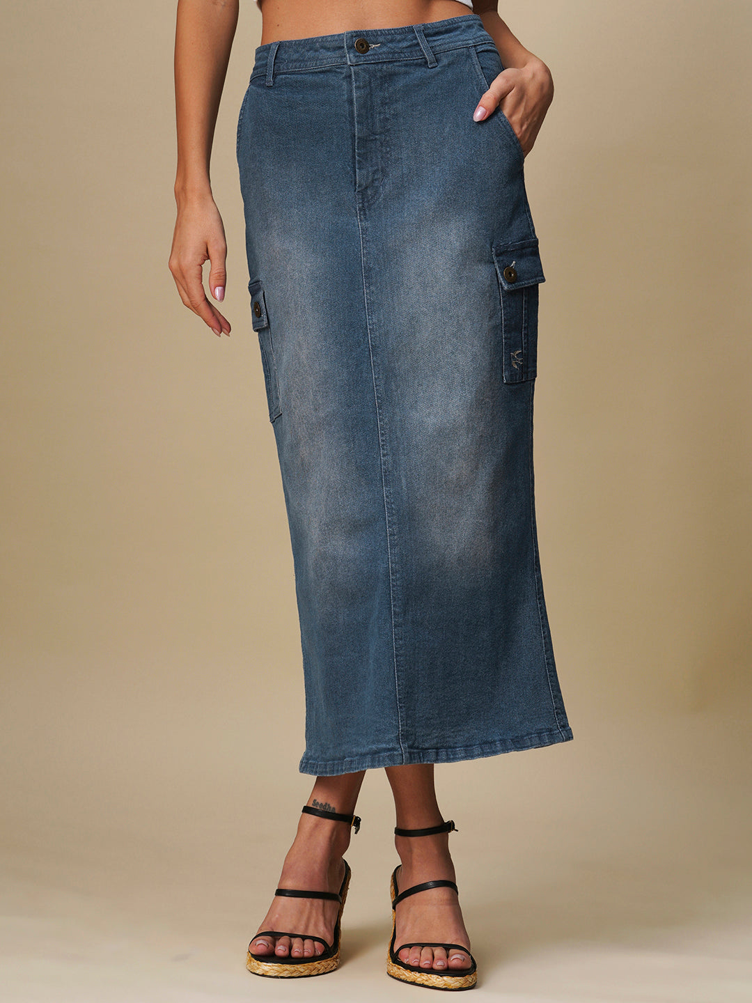 FADED DENIM CARGO POCKET PENCIL SKIRT