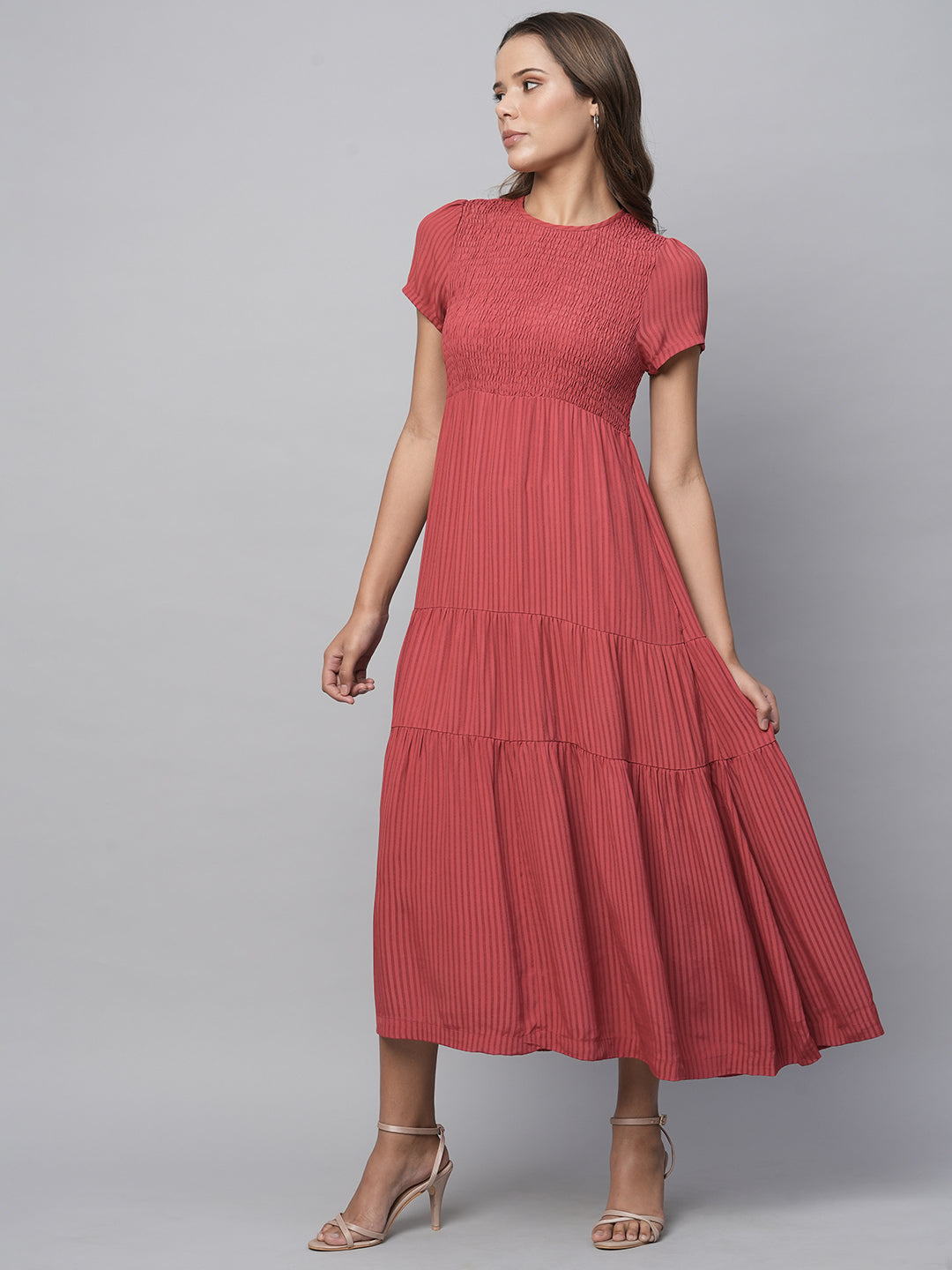 Viscose Crepe Dobby Smocked Basque Tiered Midi Dress