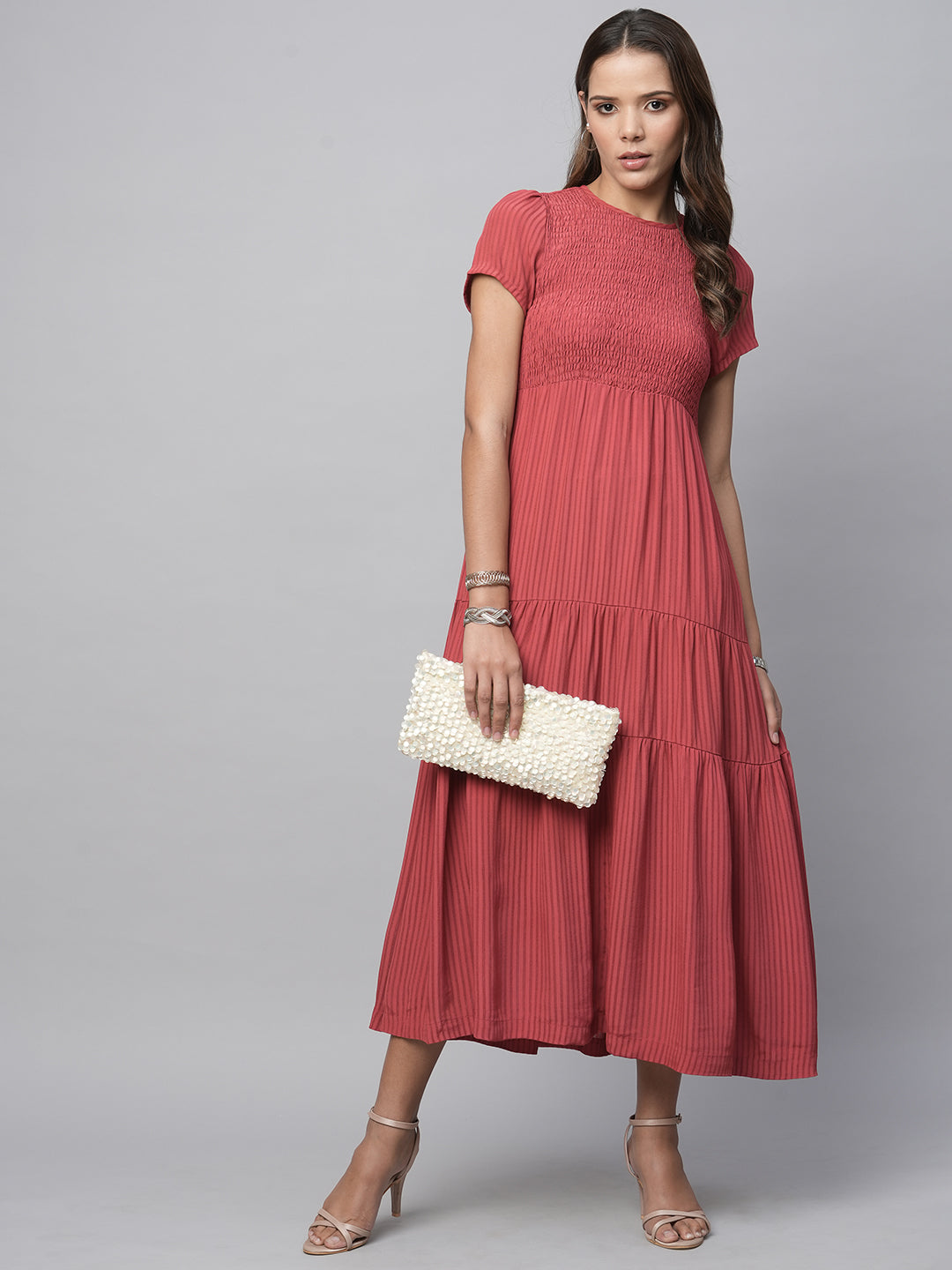 Viscose Crepe Dobby Smocked Basque Tiered Midi Dress