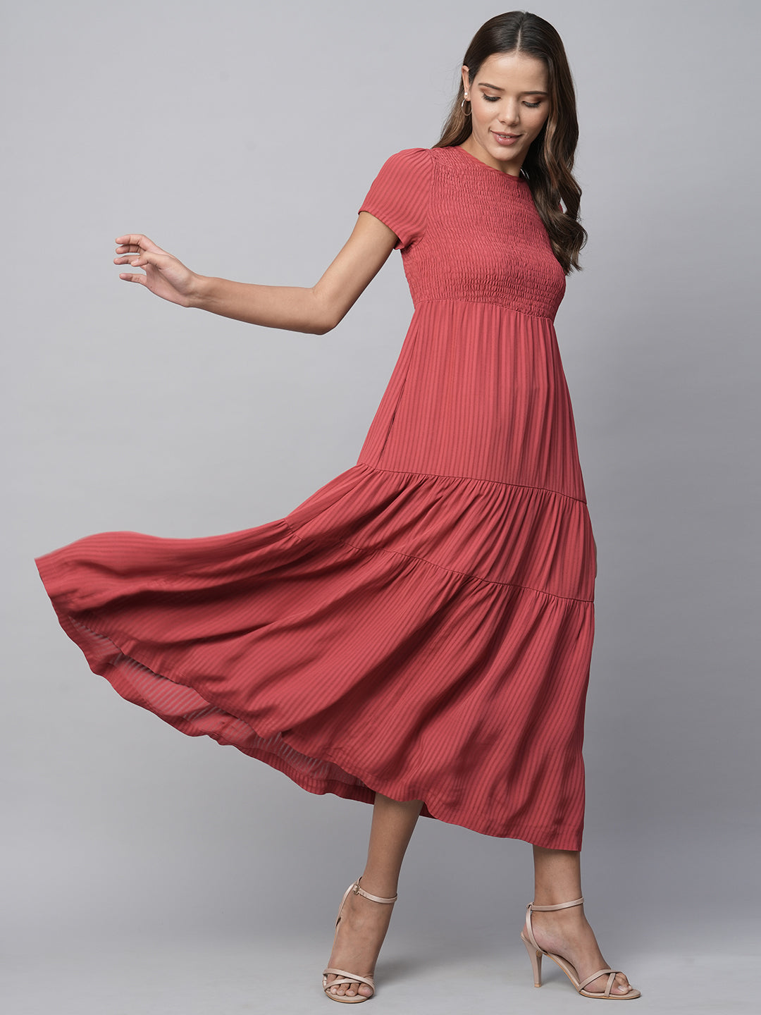 Viscose Crepe Dobby Smocked Basque Tiered Midi Dress