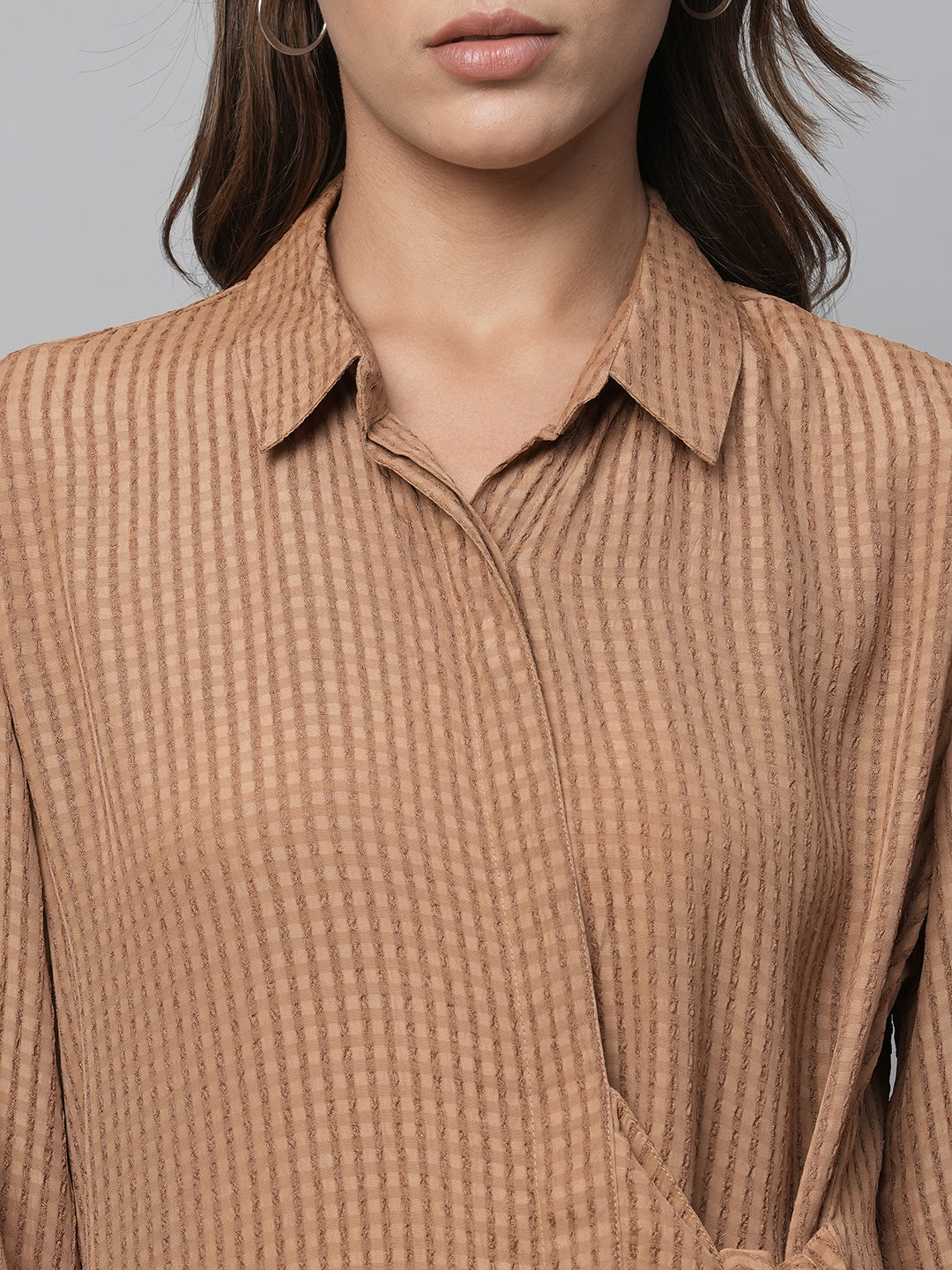 Window Pane Viscose Dobby Side Tie Shirt Dress