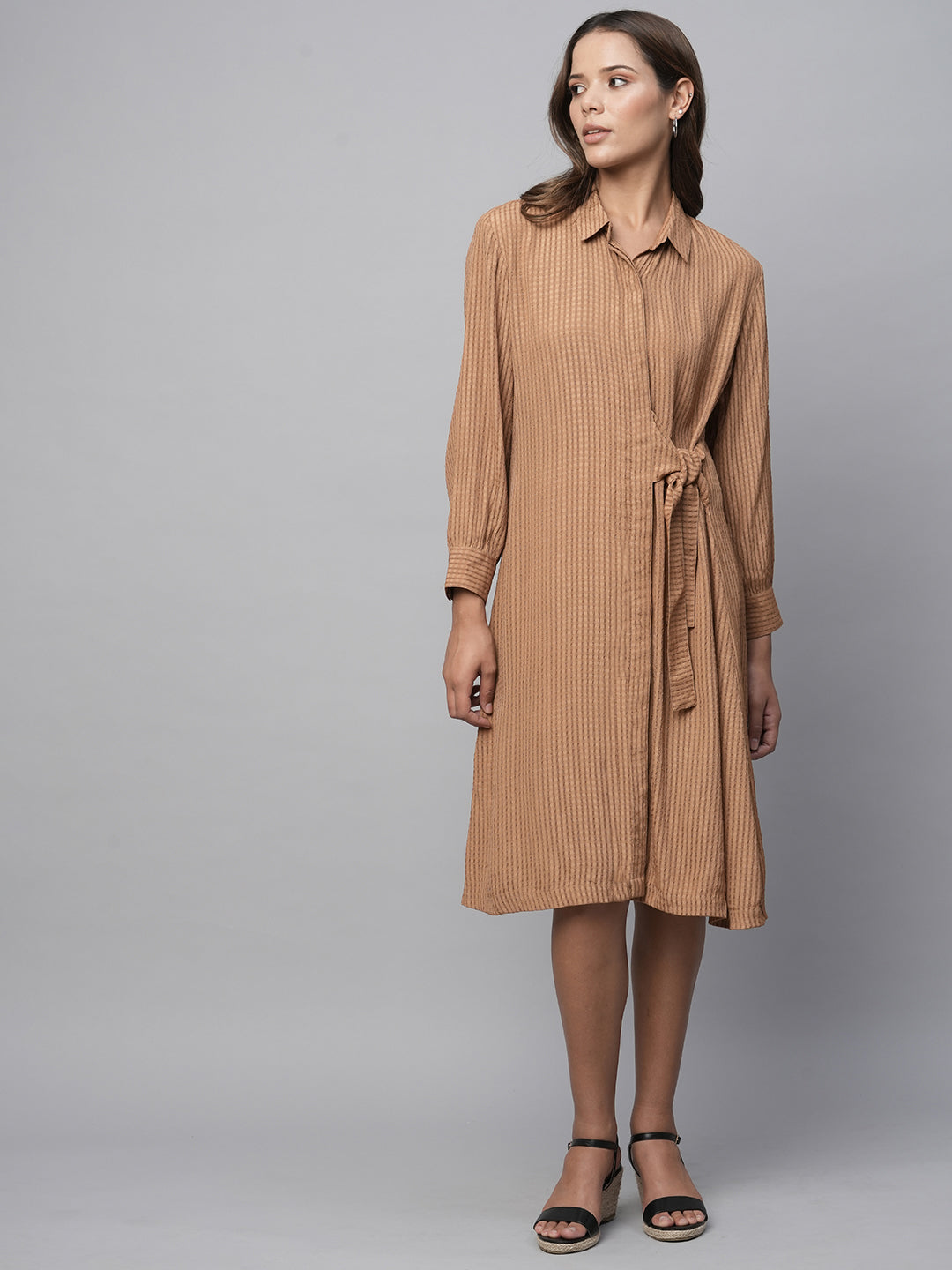 Window Pane Viscose Dobby Side Tie Shirt Dress