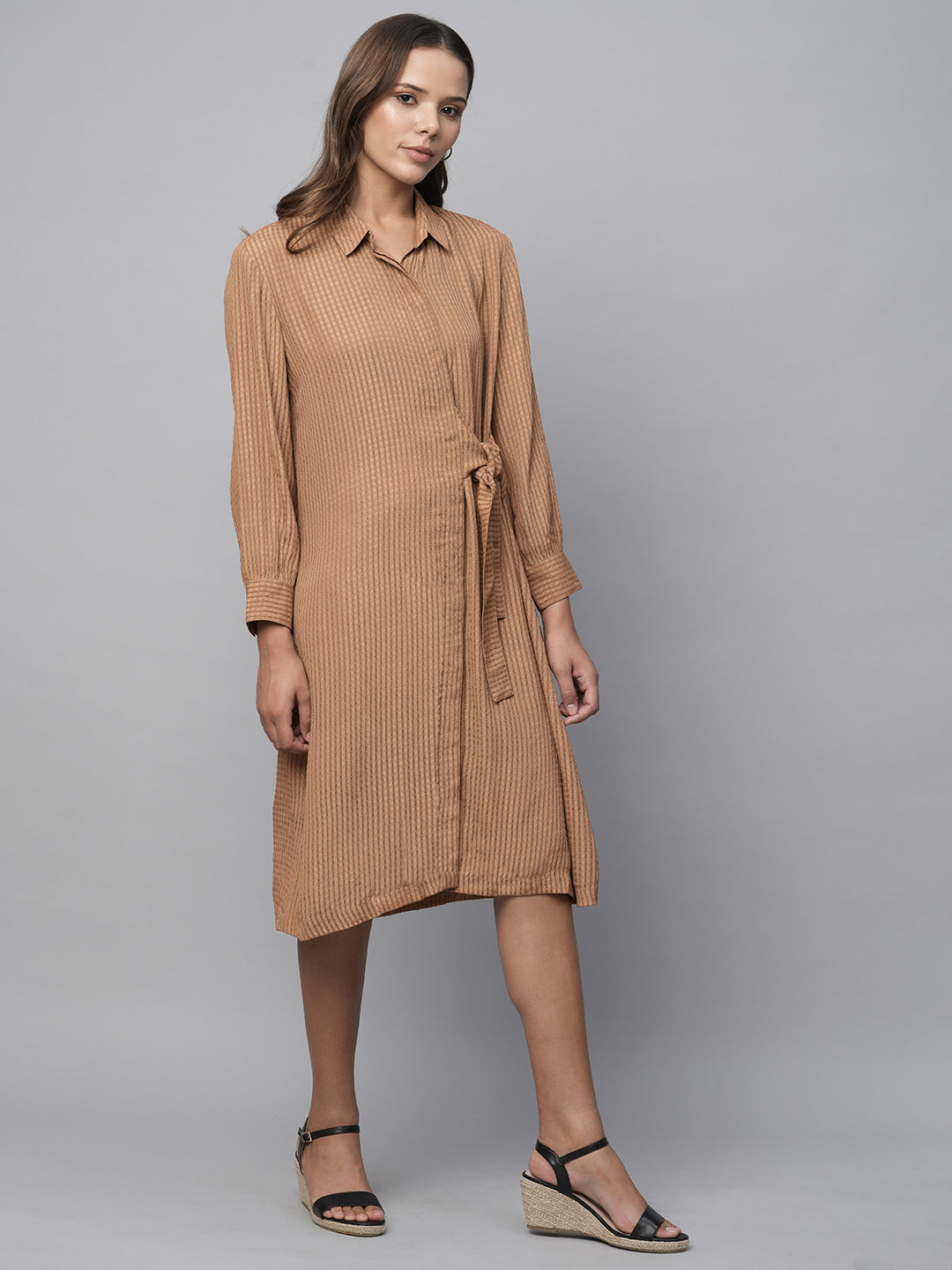 Window Pane Viscose Dobby Side Tie Shirt Dress