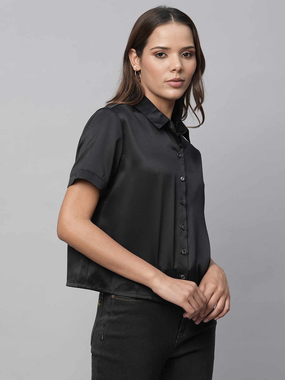 Satin Box Fit Cropped Shirt