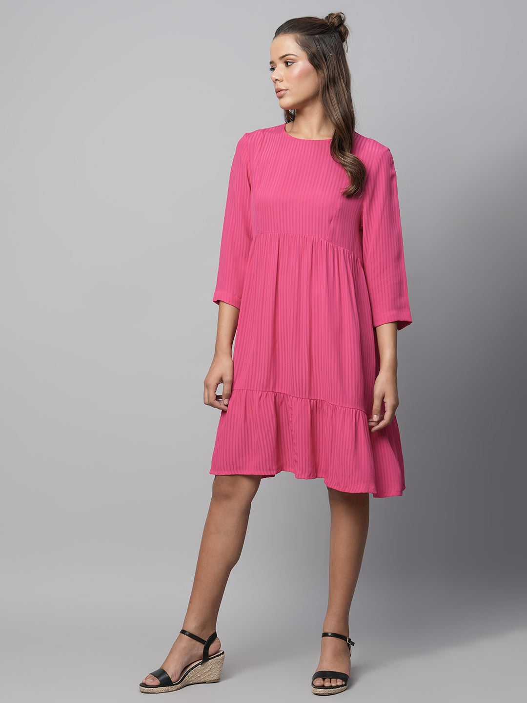 Viscose Crepe Dobby Tiered Basque Dress