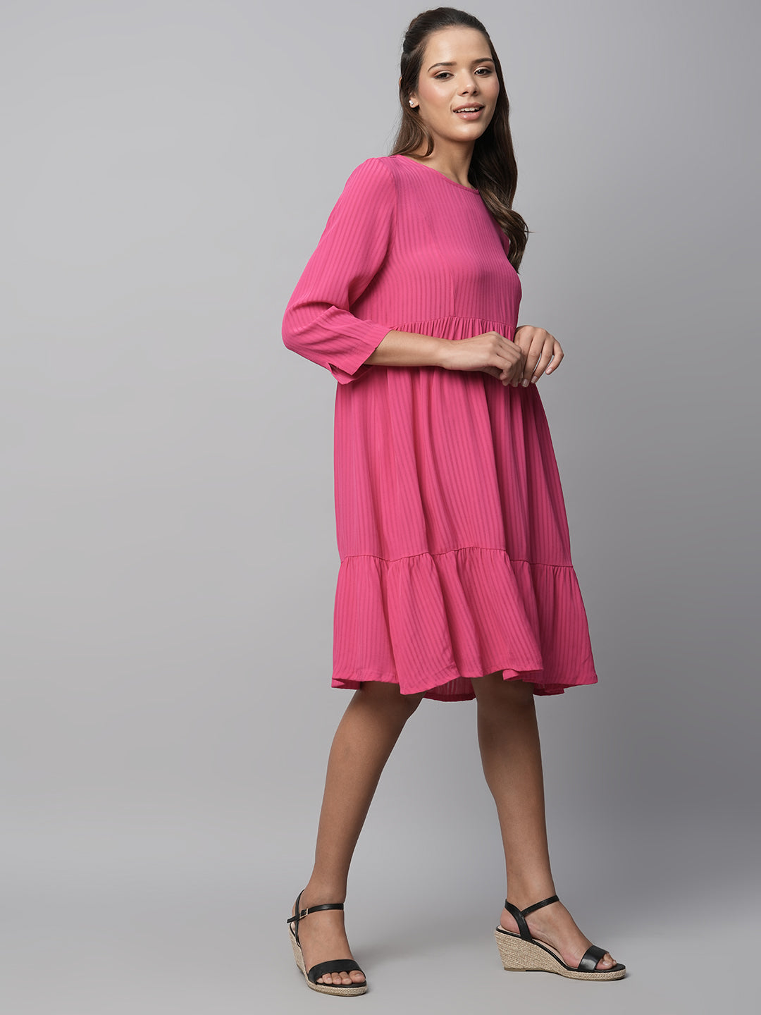 Viscose Crepe Dobby Tiered Basque Dress