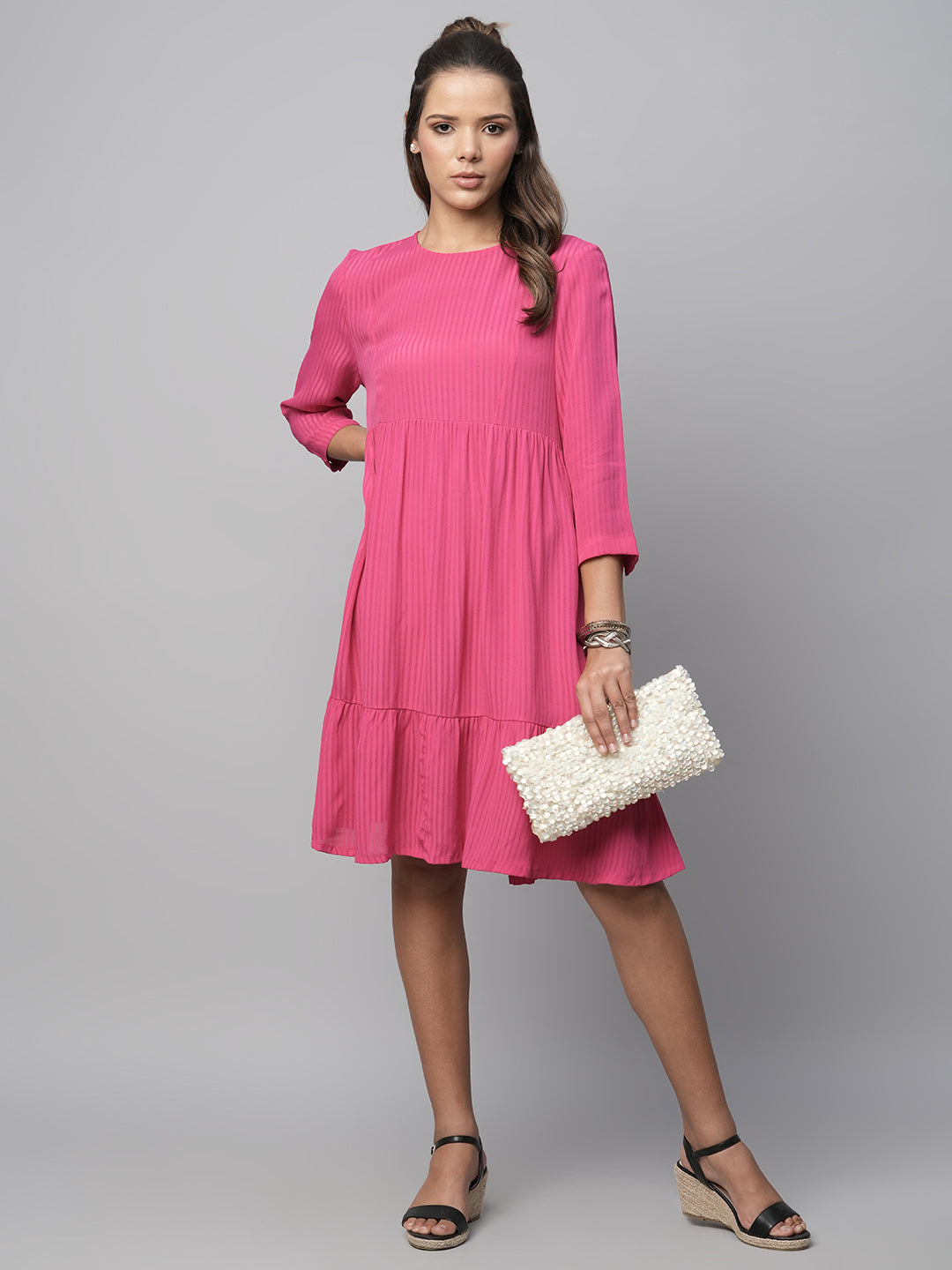 Viscose Crepe Dobby Tiered Basque Dress