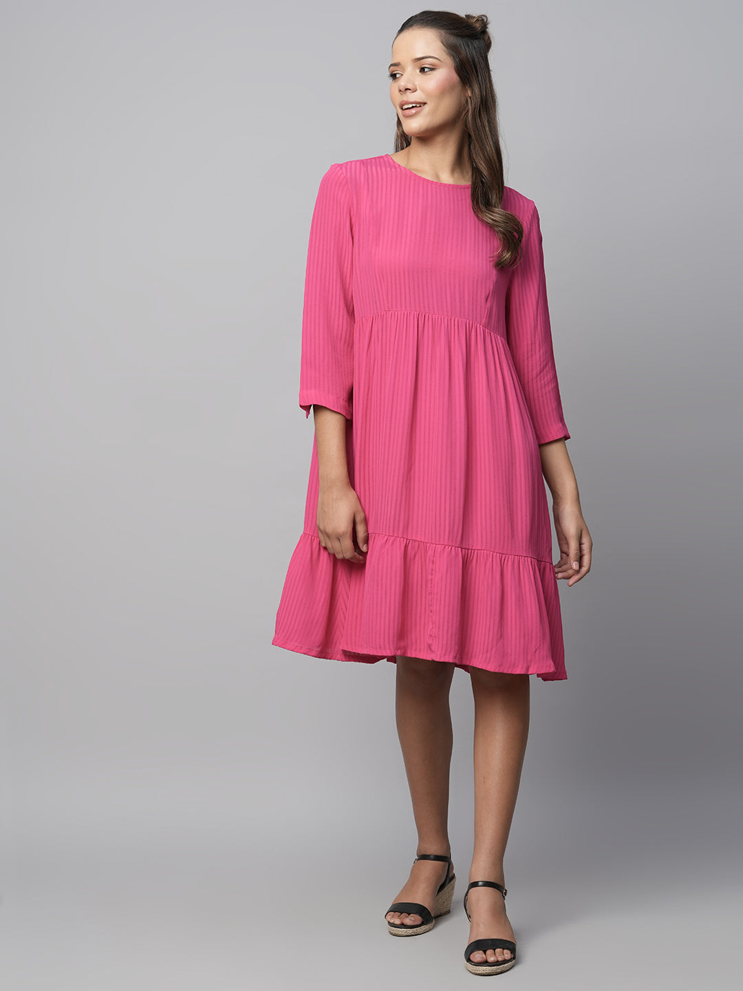 Viscose Crepe Dobby Tiered Basque Dress