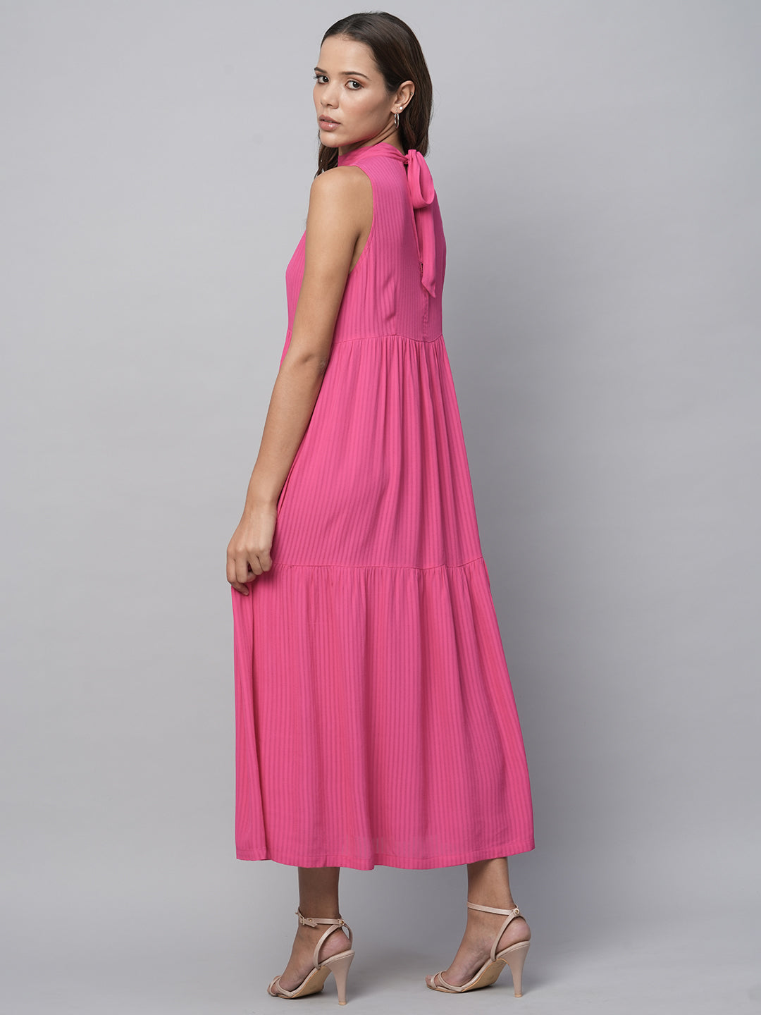 Viscose Crepe Dobby Incut Tie Neck, Tiered Dress