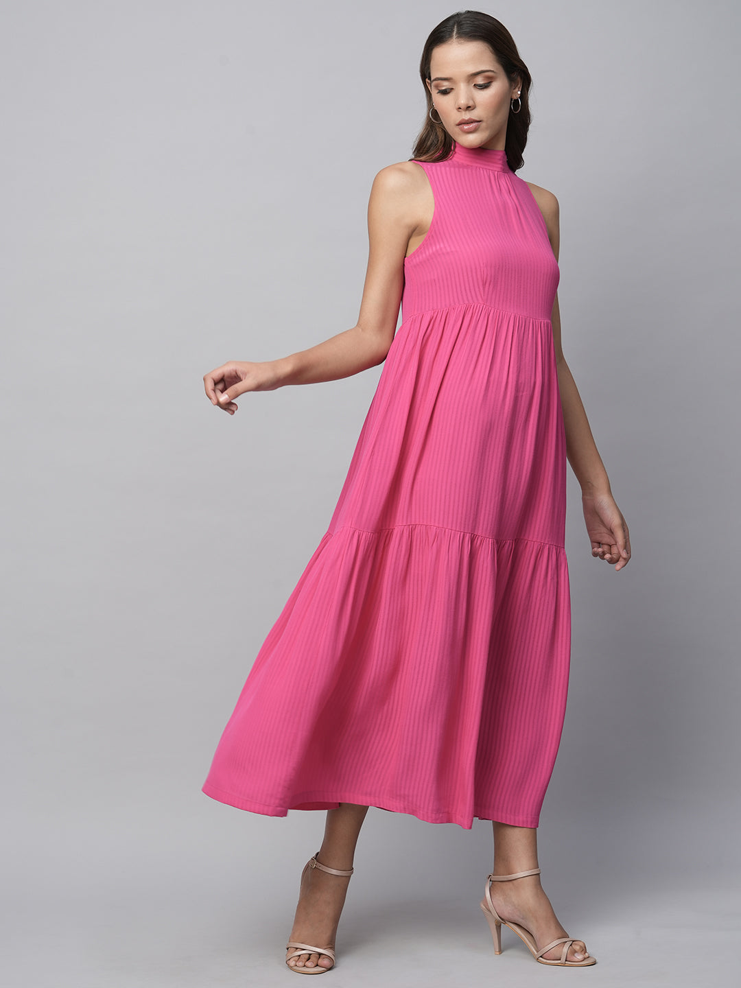 Viscose Crepe Dobby Incut Tie Neck, Tiered Dress