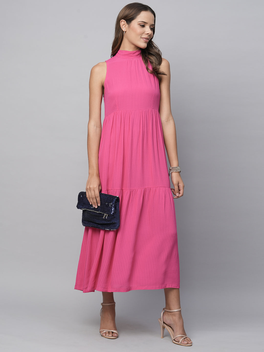 Viscose Crepe Dobby Incut Tie Neck, Tiered Dress
