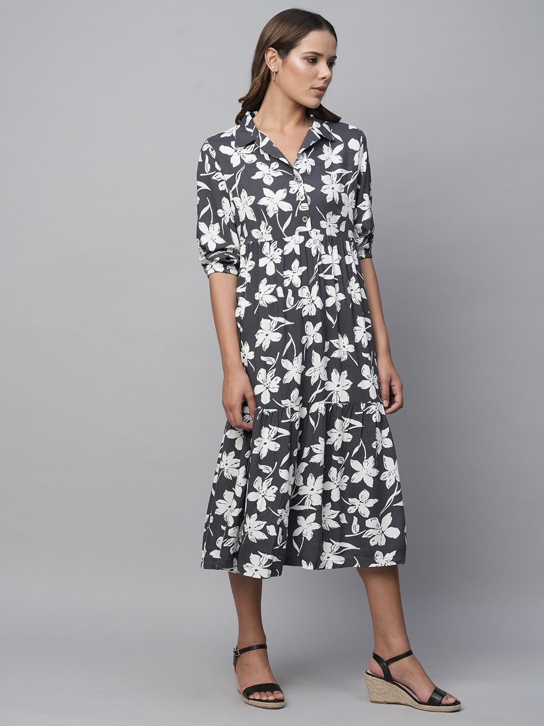 Printed Viscose Tiered Shirt Dress