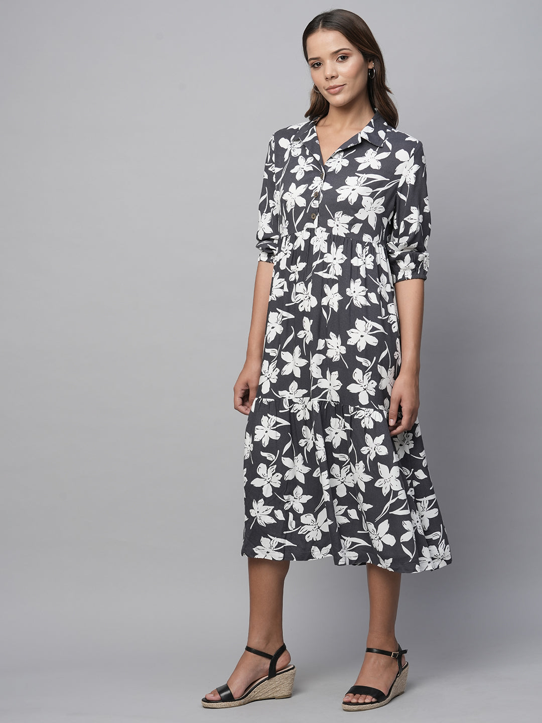 Printed Viscose Tiered Shirt Dress