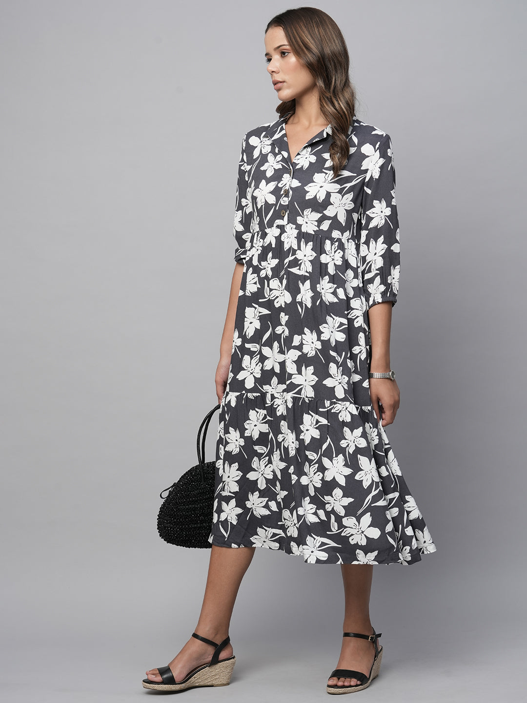 Printed Viscose Tiered Shirt Dress