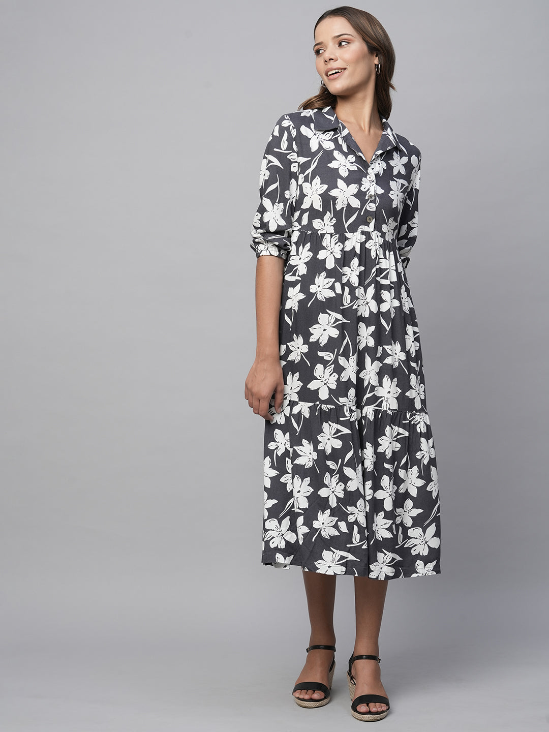 Printed Viscose Tiered Shirt Dress