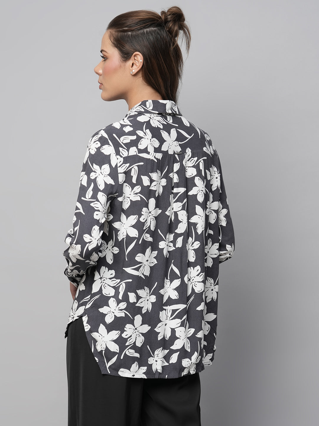 Floral Printed Viscose Shirt With Hi - Low Hemline
