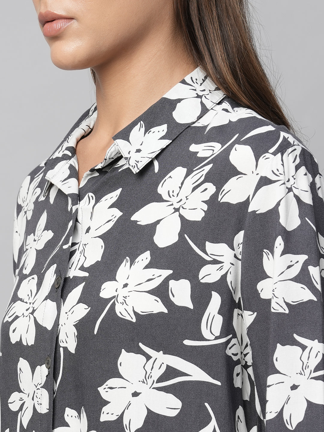 Floral Printed Viscose Shirt With Hi - Low Hemline