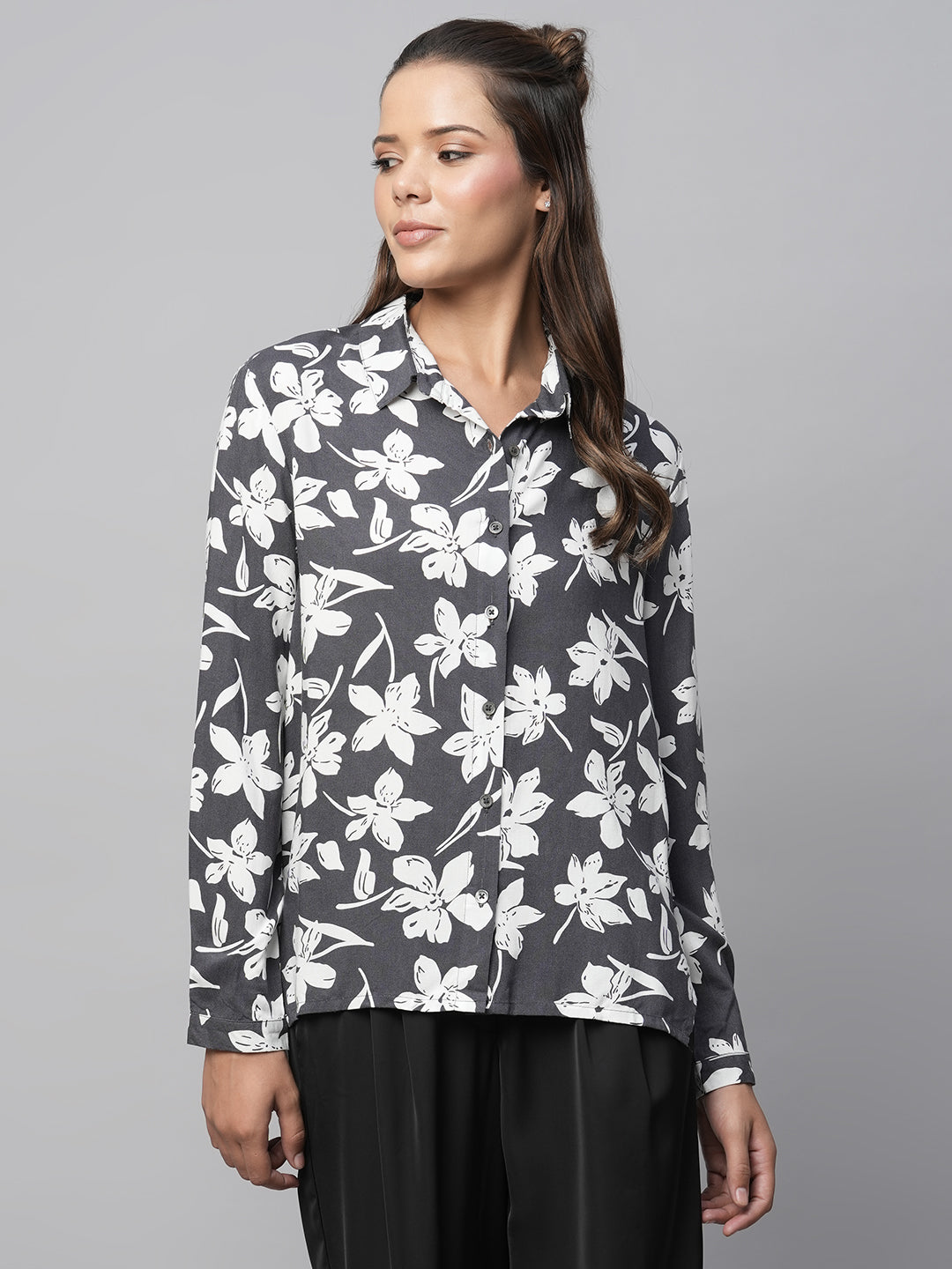 Floral Printed Viscose Shirt With Hi - Low Hemline