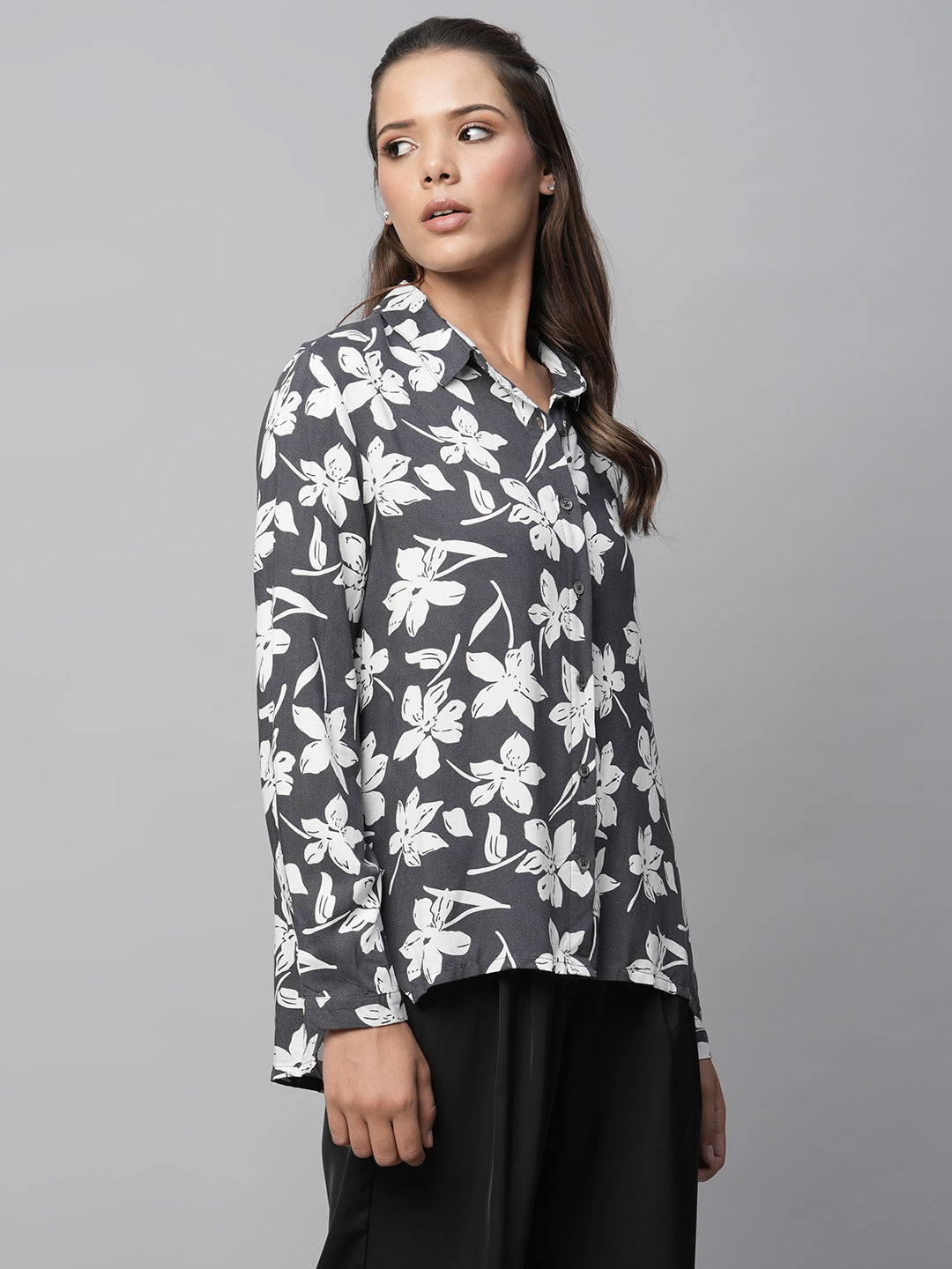 Floral Printed Viscose Shirt With Hi - Low Hemline