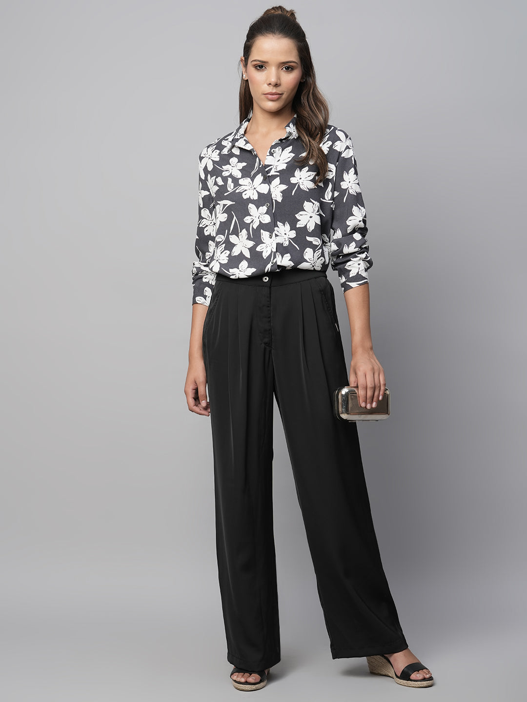 Floral Printed Viscose Shirt With Hi - Low Hemline