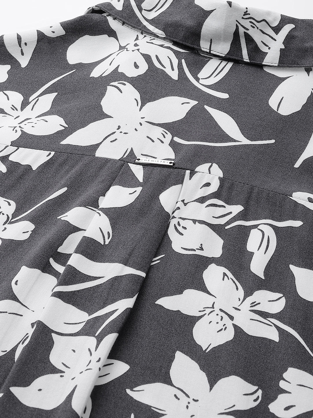 Floral Printed Viscose Shirt With Hi - Low Hemline