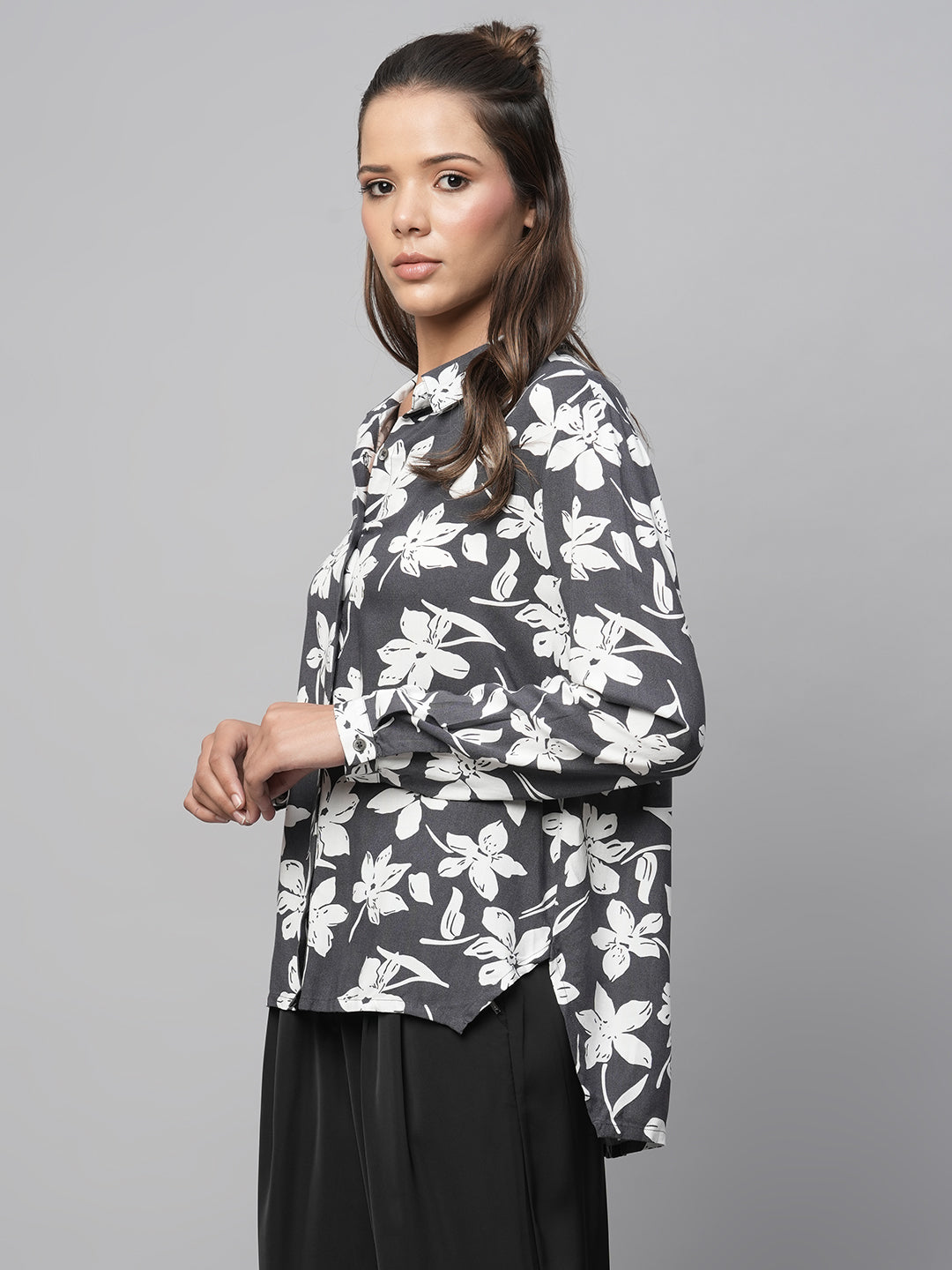 Floral Printed Viscose Shirt With Hi - Low Hemline