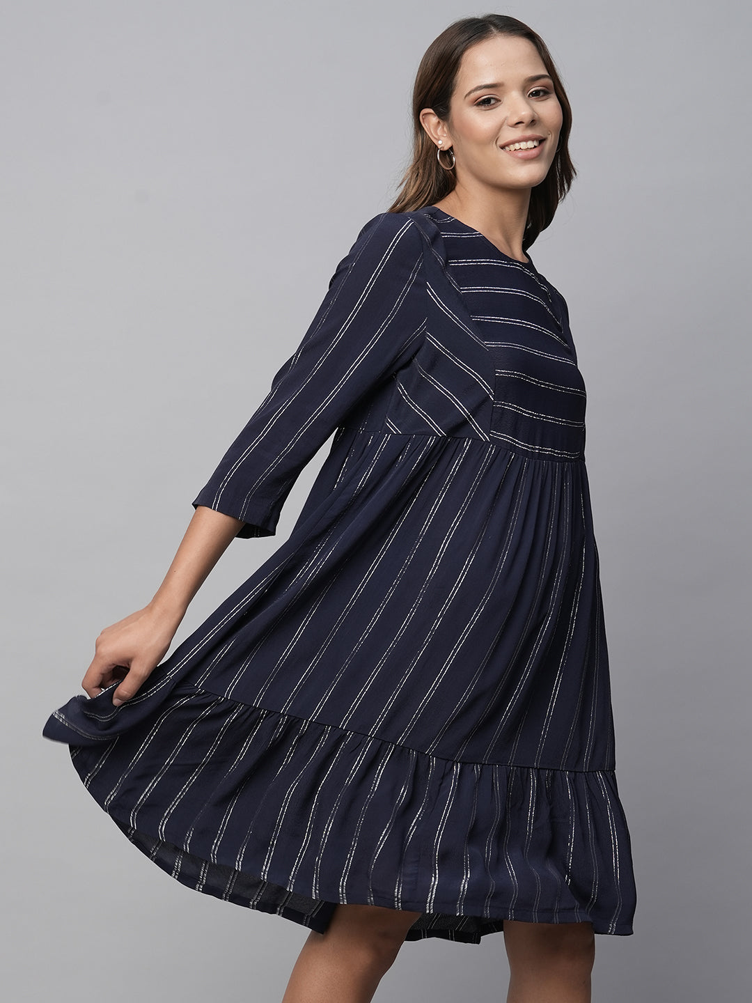 Viscose Crepe Lurex Tiered Basque Dress